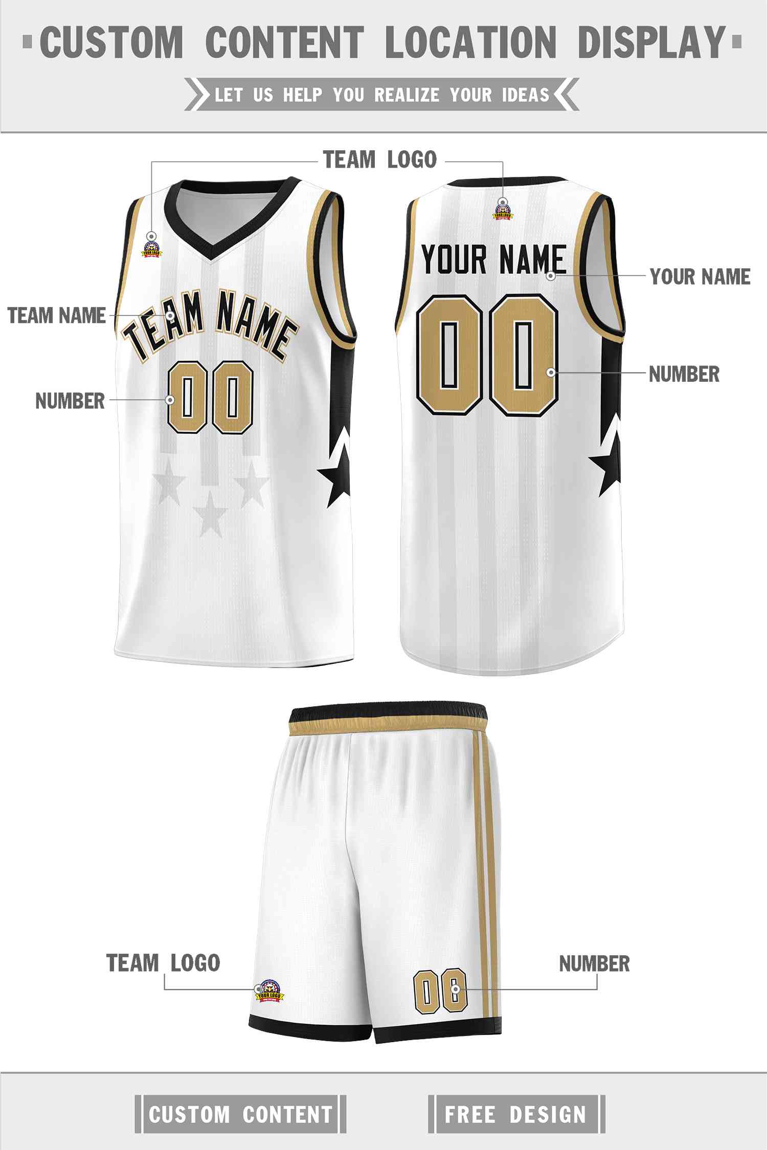 Custom White Black and Old Gold Gradient Star Graffiti Pattern Sports Uniform Basketball Jersey