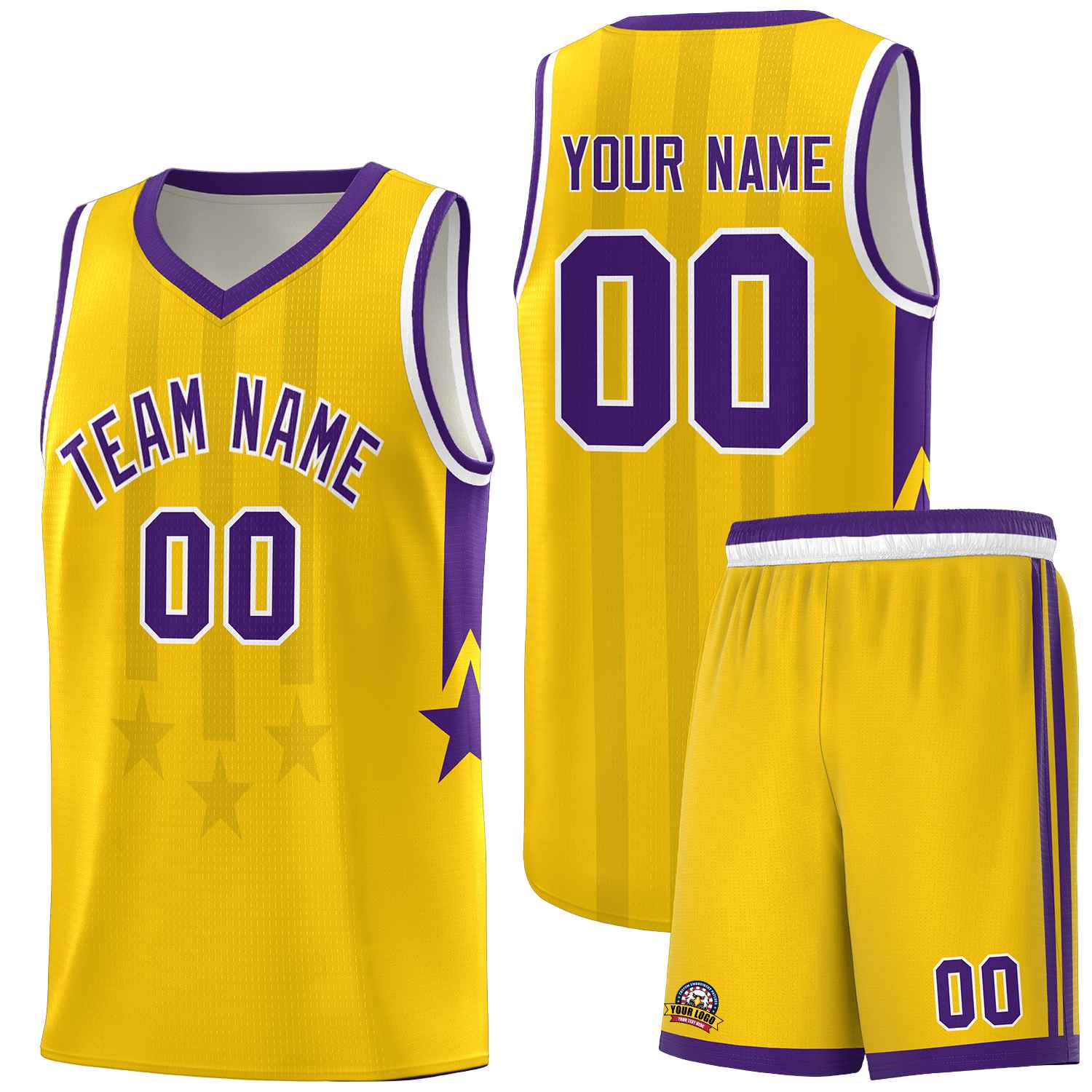 Custom Gold Purple and White Gradient Star Graffiti Pattern Sports Uniform Basketball Jersey