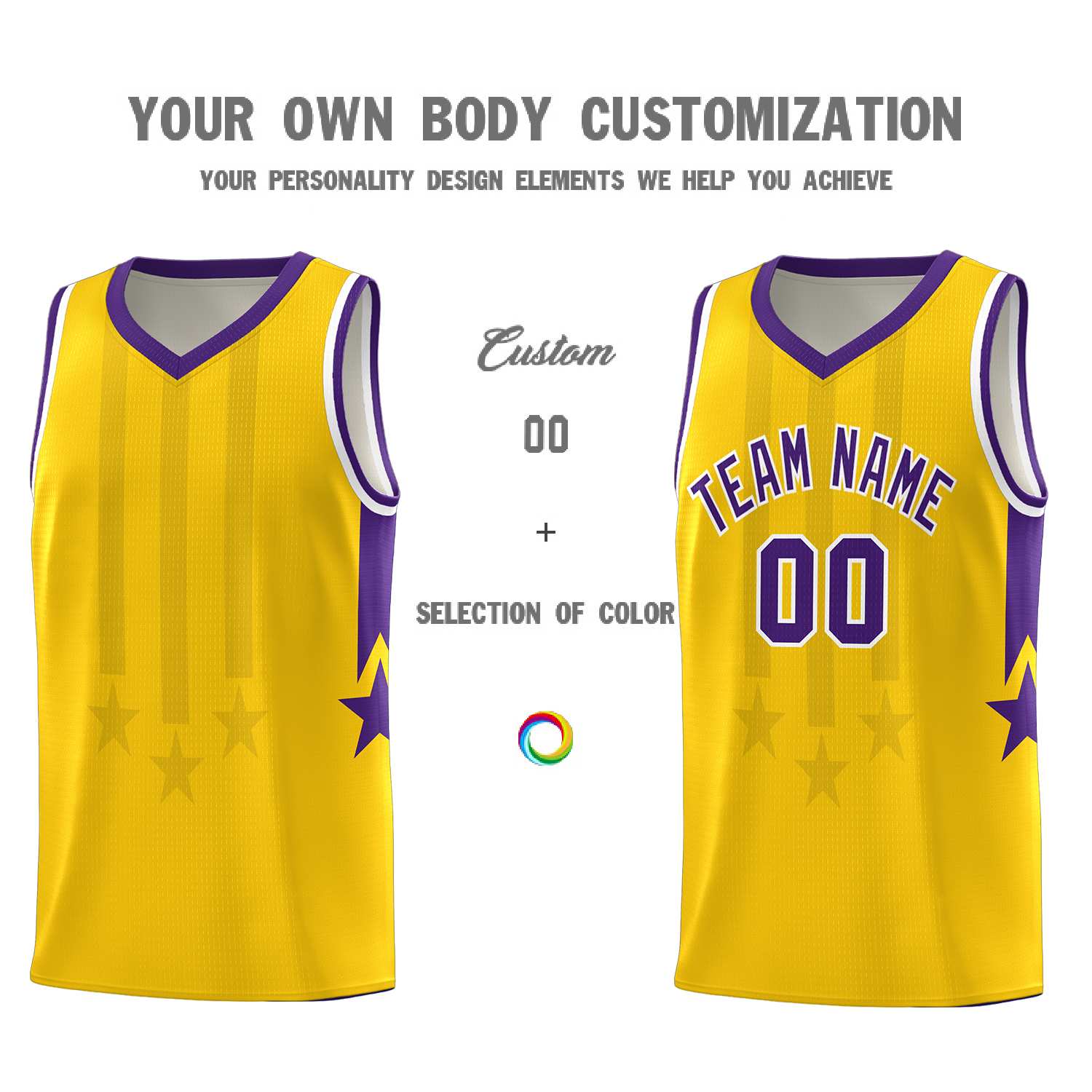 Custom Gold Purple and White Gradient Star Graffiti Pattern Sports Uniform Basketball Jersey