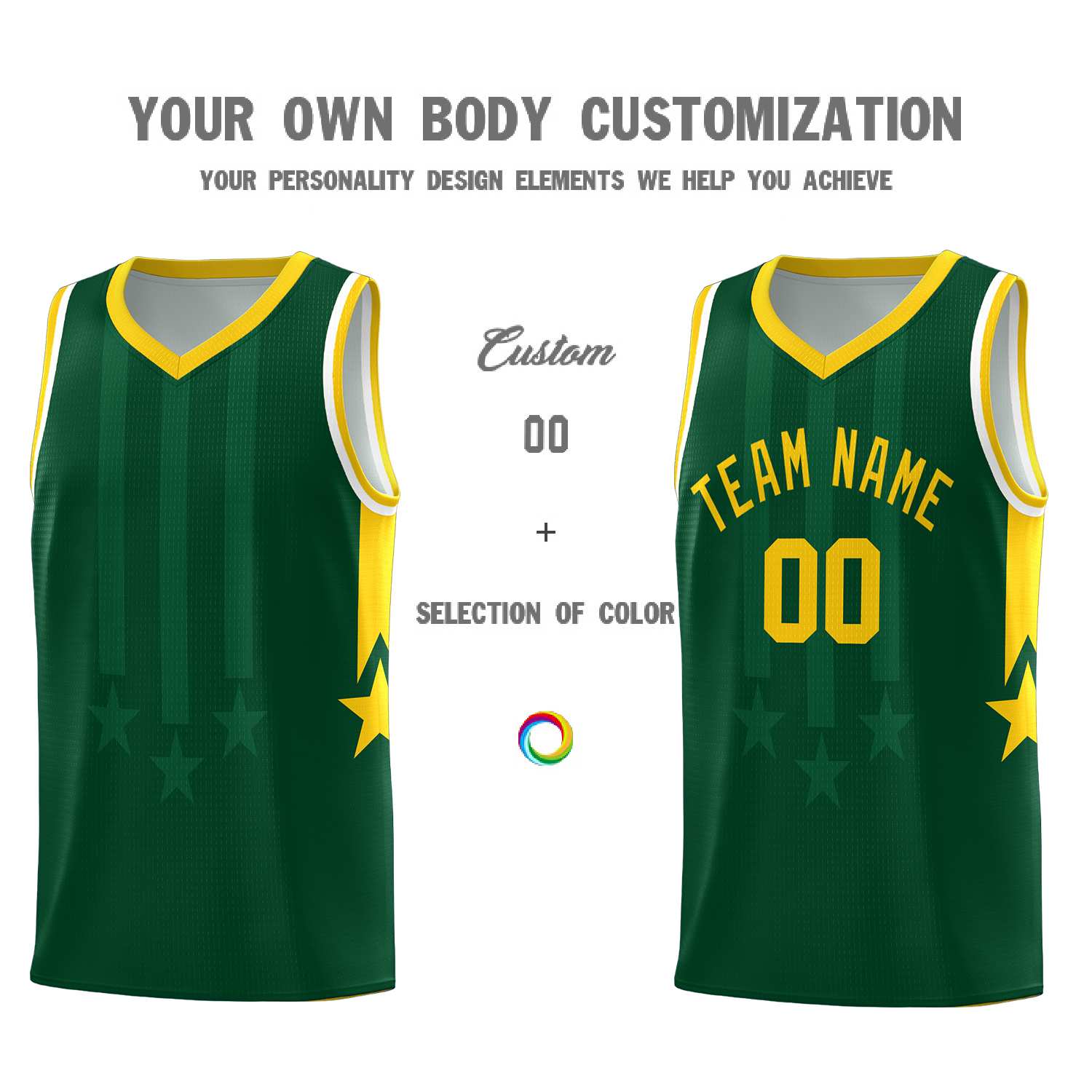 Custom Green Gold and White Gradient Star Graffiti Pattern Sports Uniform Basketball Jersey