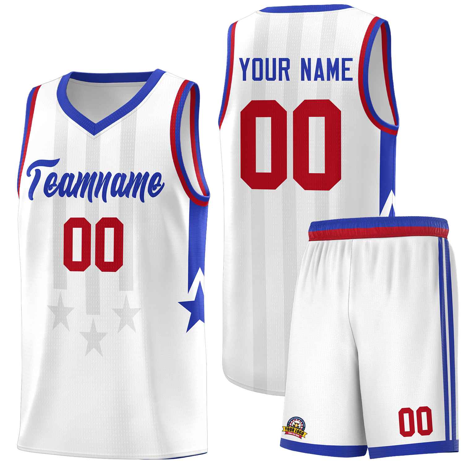 Custom White Royal and Red Gradient Star Graffiti Pattern Sports Uniform Basketball Jersey