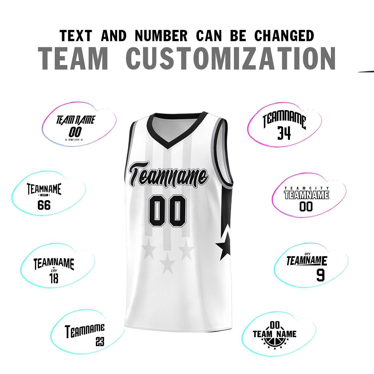 Custom White Black and Gray Gradient Star Graffiti Pattern Sports Uniform Basketball Jersey