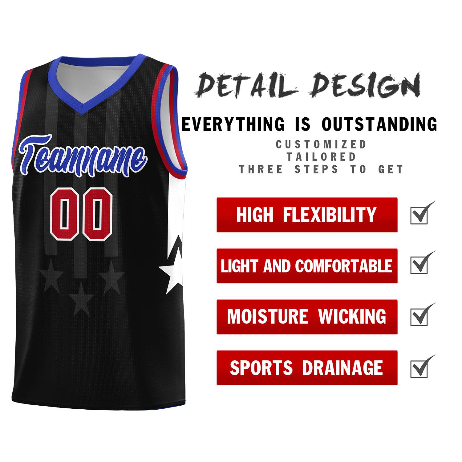 Custom Black Royal and Red Gradient Star Graffiti Pattern Sports Uniform Basketball Jersey