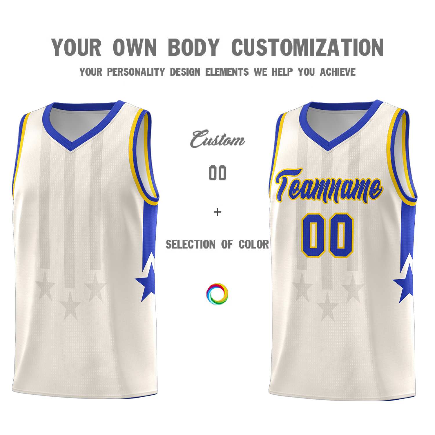 Custom Cream Royal and Gold Gradient Star Graffiti Pattern Sports Uniform Basketball Jersey