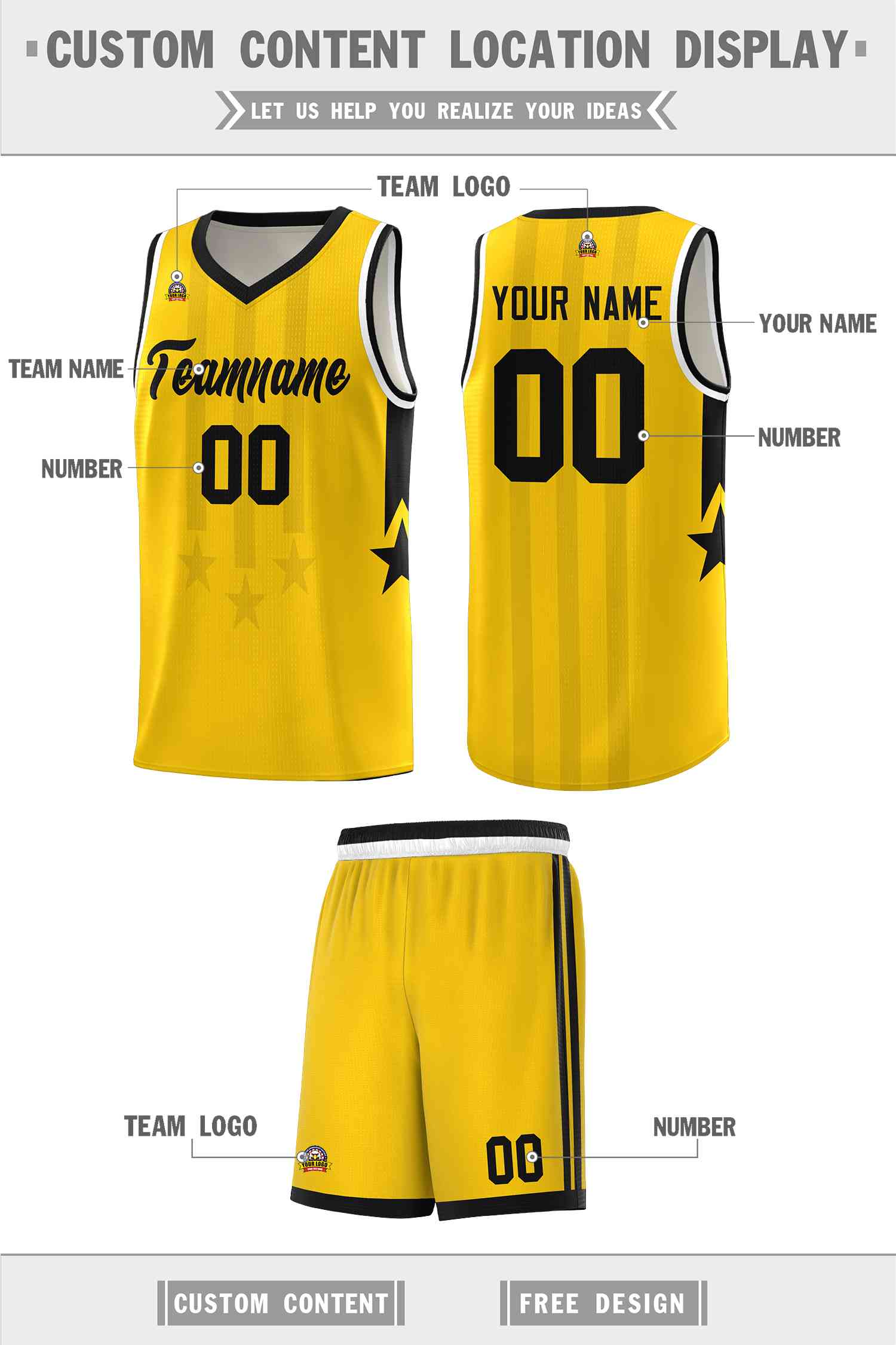 Custom Gold Black and White Gradient Star Graffiti Pattern Sports Uniform Basketball Jersey