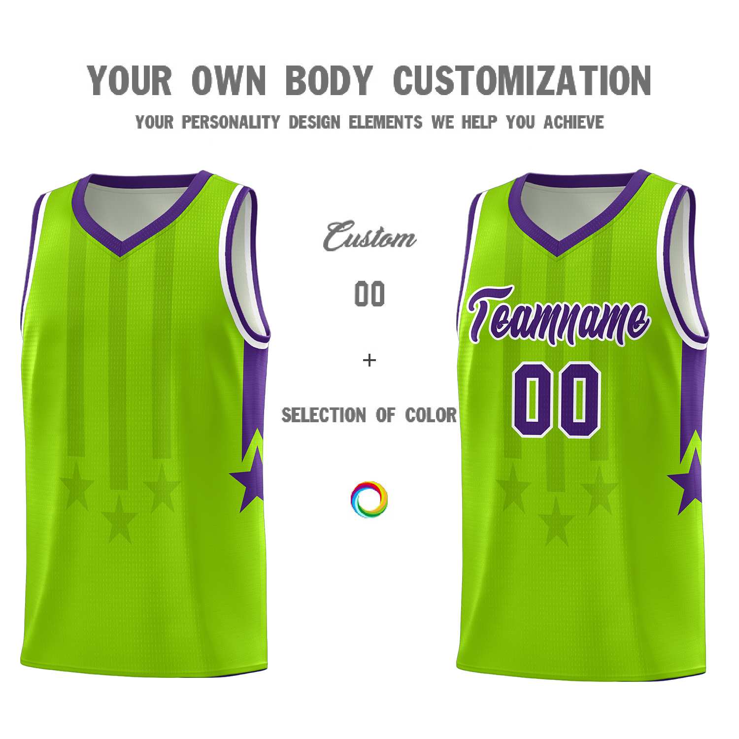 Custom Neon Green Purple and White Gradient Star Graffiti Pattern Sports Uniform Basketball Jersey