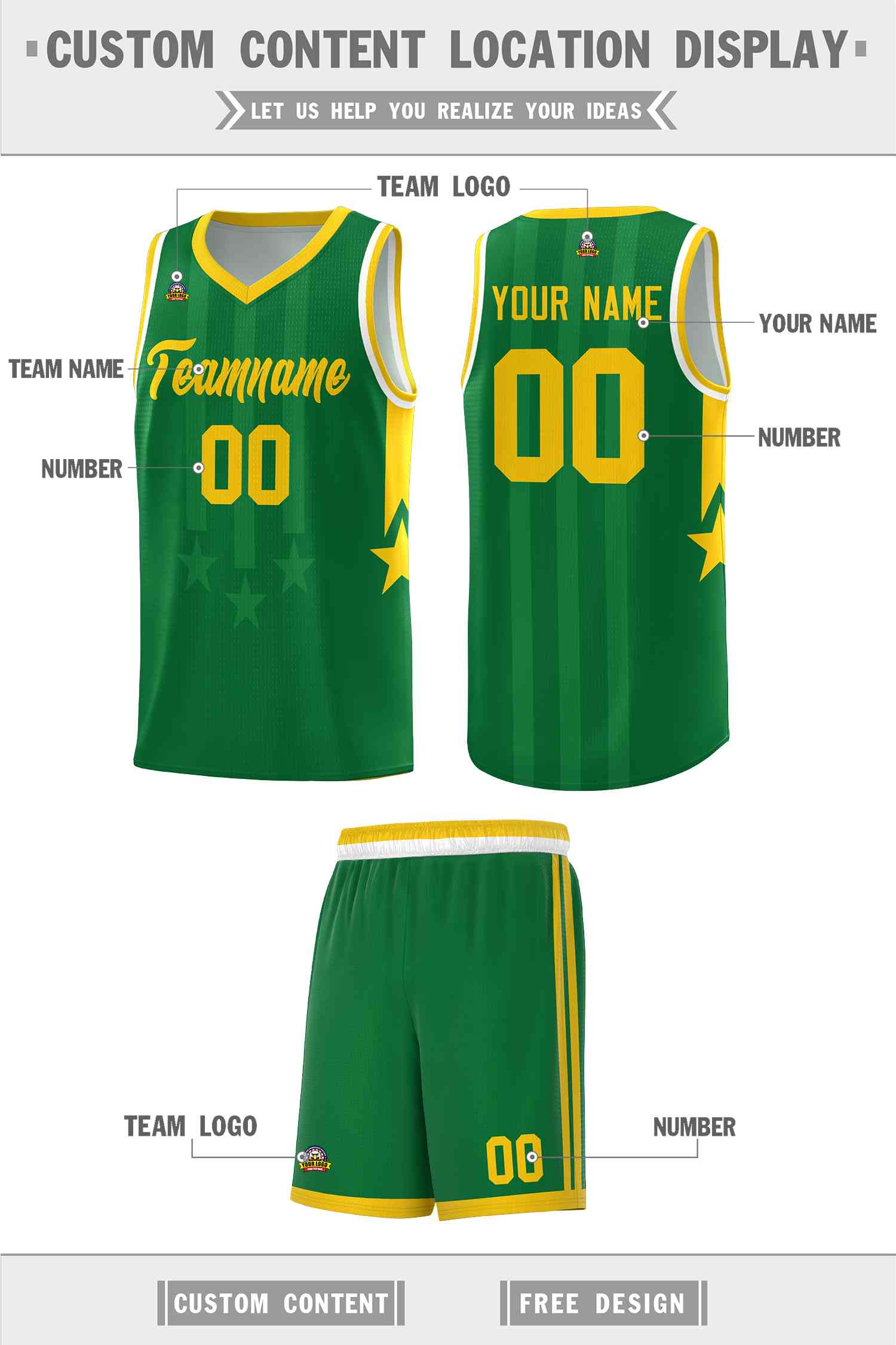 Custom Kelly Green Gold and White Gradient Star Graffiti Pattern Sports Uniform Basketball Jersey
