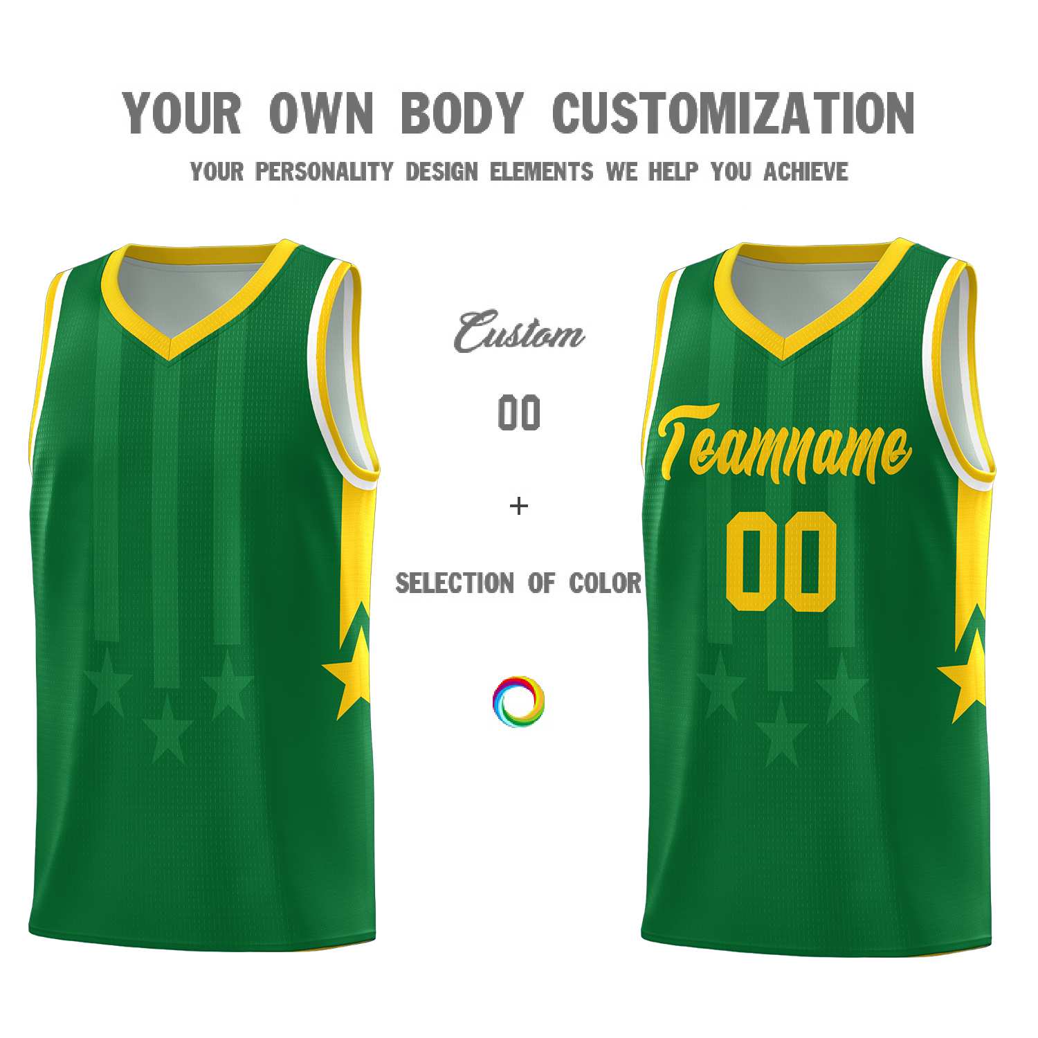Custom Kelly Green Gold and White Gradient Star Graffiti Pattern Sports Uniform Basketball Jersey