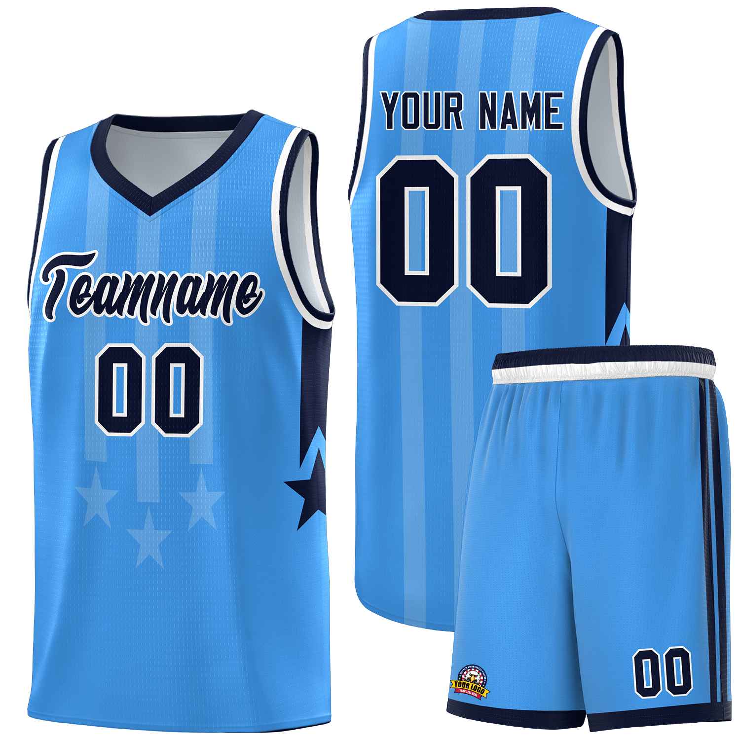 Custom Powder Blue Navy and White Gradient Star Graffiti Pattern Sports Uniform Basketball Jersey