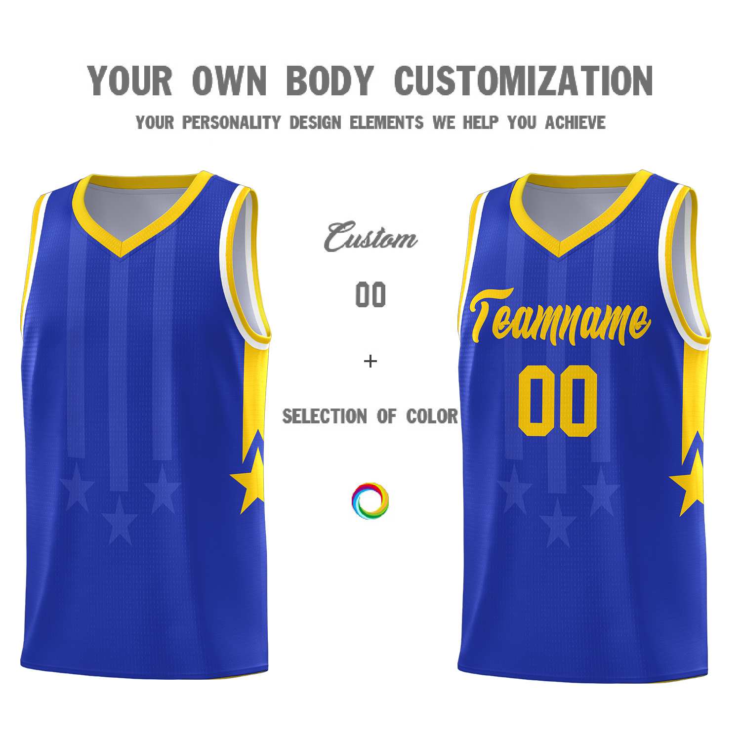 Custom Royal Gold and White Gradient Star Graffiti Pattern Sports Uniform Basketball Jersey