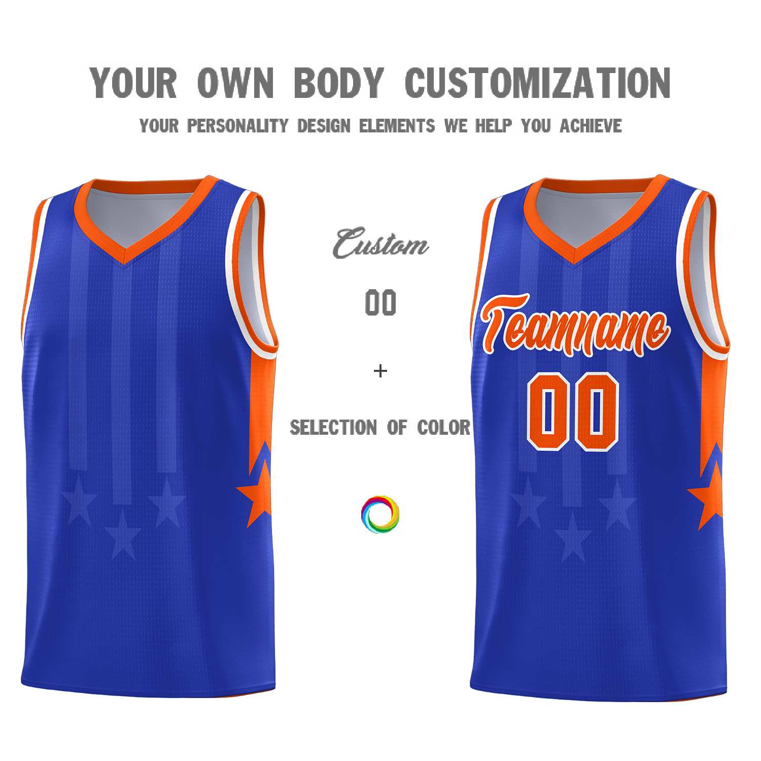 Custom Royal Orange and White Gradient Star Graffiti Pattern Sports Uniform Basketball Jersey