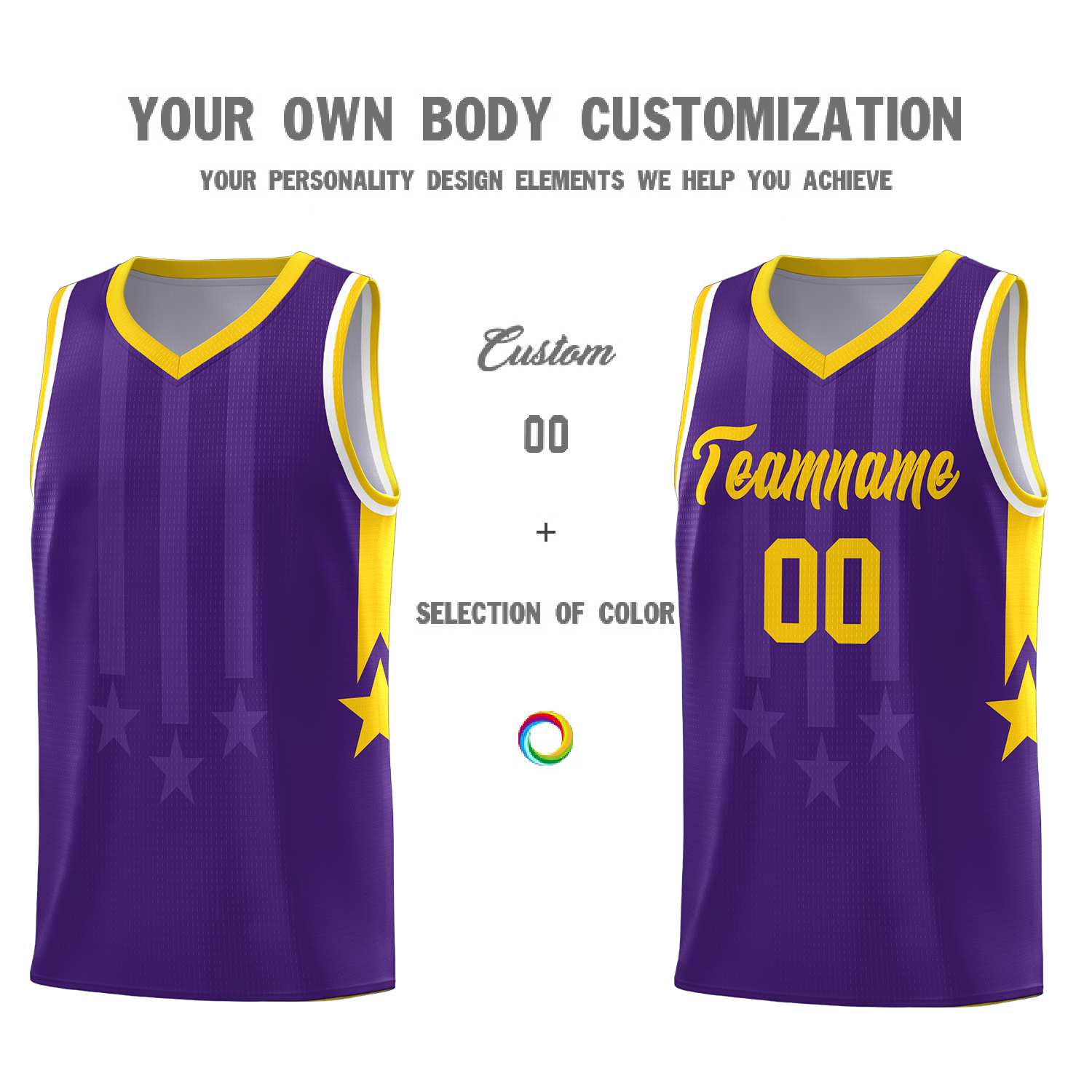 Custom Purple Gold and White Gradient Star Graffiti Pattern Sports Uniform Basketball Jersey
