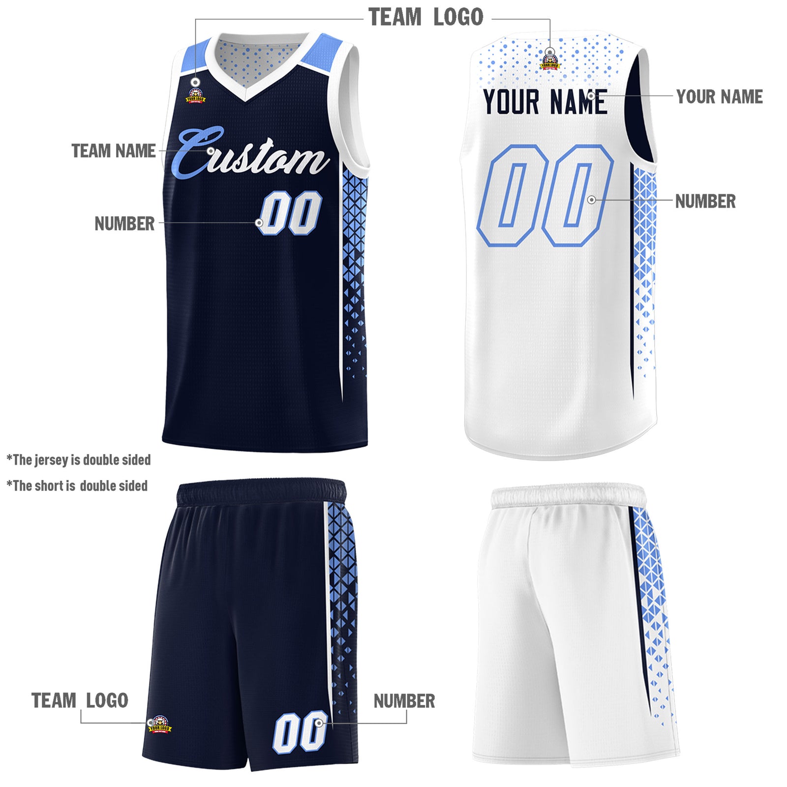 Custom Navy White Side Gradient Patttern Double Side Sports Uniform Basketball Jersey