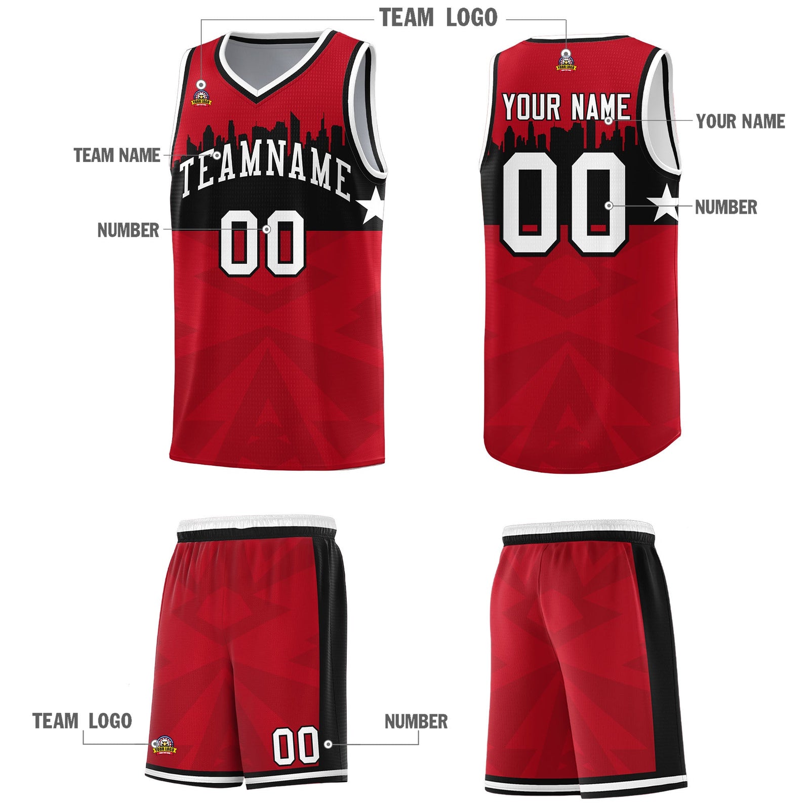 Custom Red Personalized City Silhouette Pattern Sports Uniform Basketball Jersey