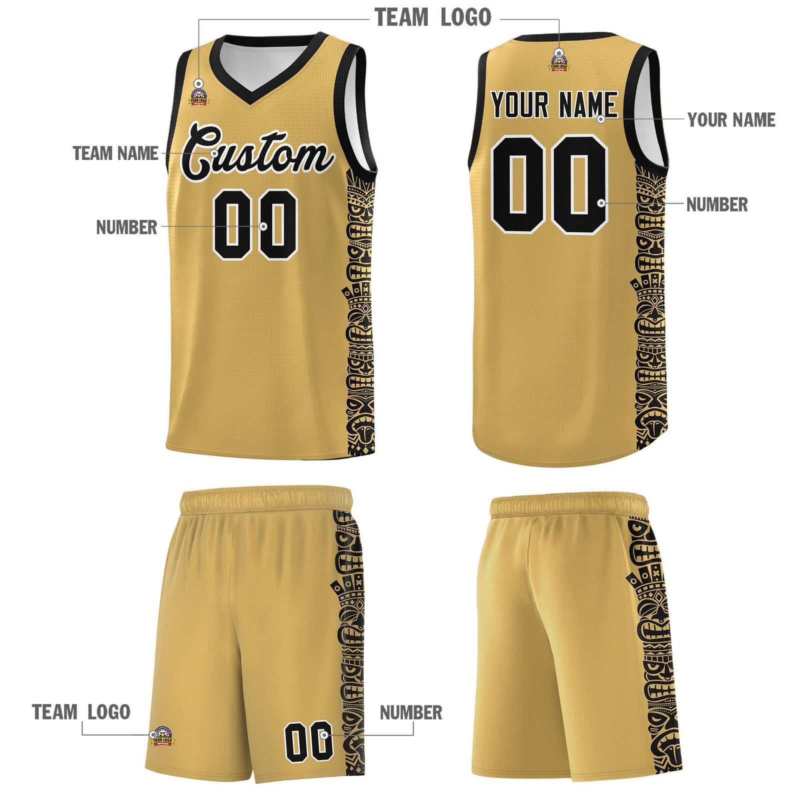 Custom Khaki Black Personalized Indians Pattern Sets Sports Uniform Basketball Jersey