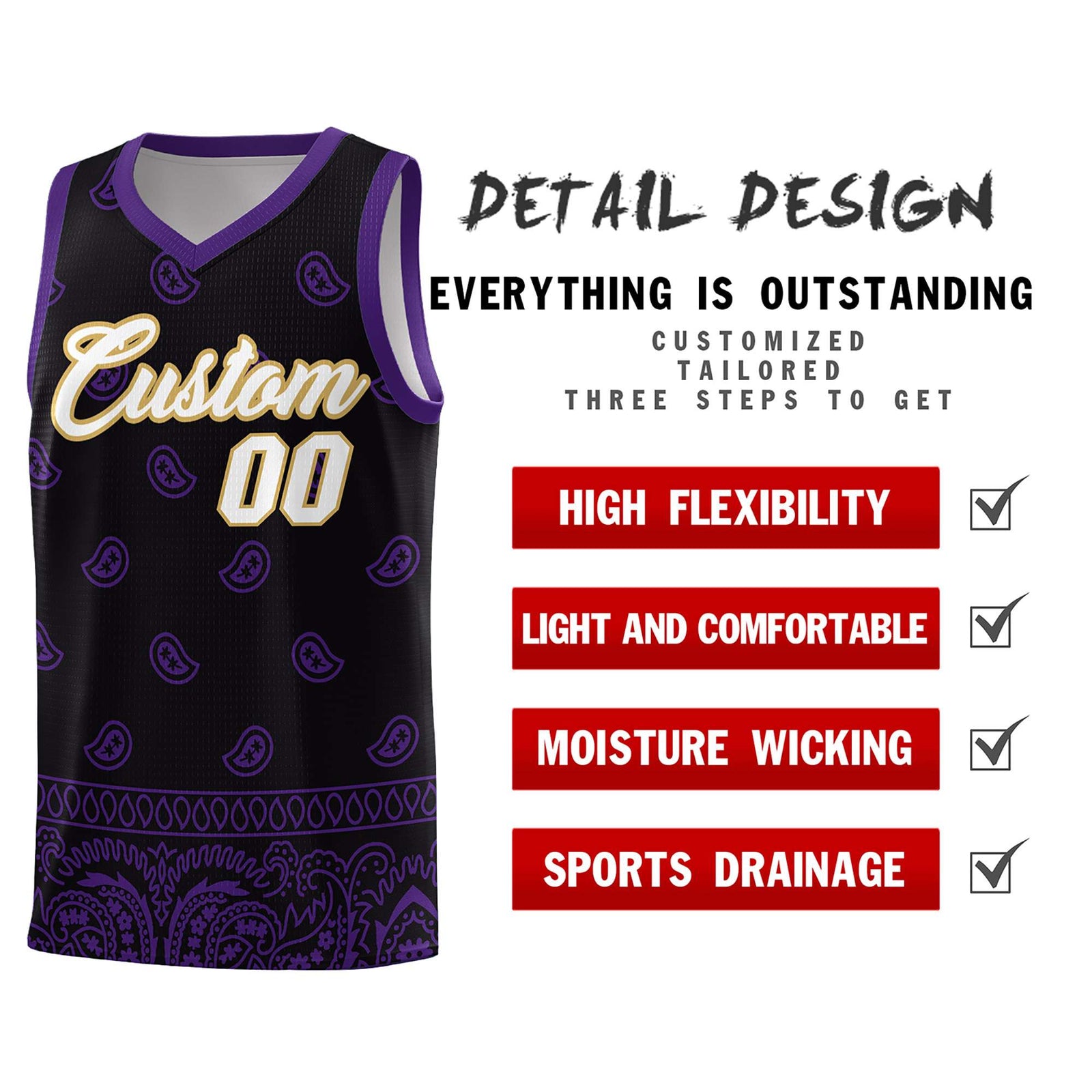 Custom Black Purple Personalized Cashew Pattern Sports Uniform Basketball Jersey