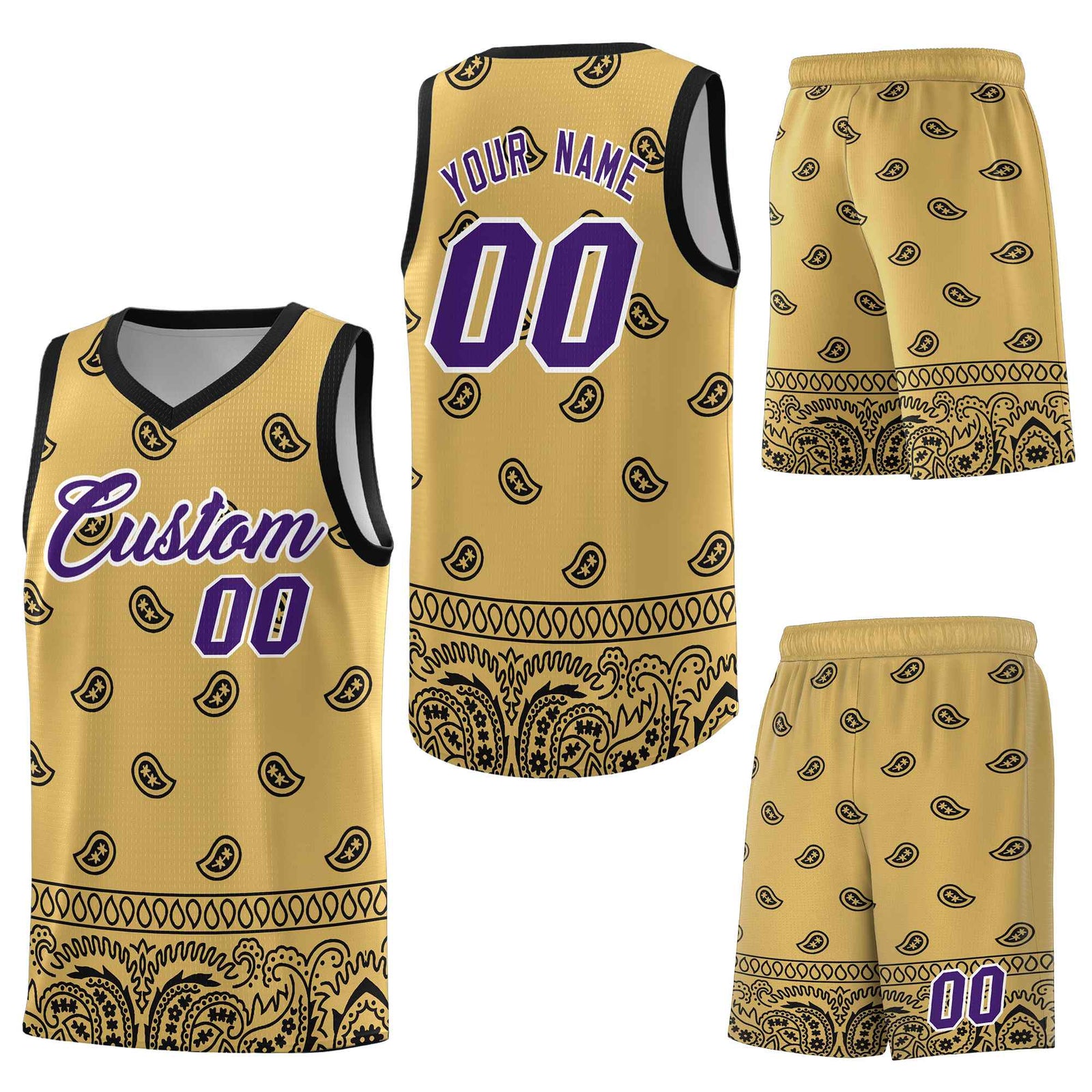 Custom Old Gold Black Personalized Cashew Pattern Sports Uniform Basketball Jersey