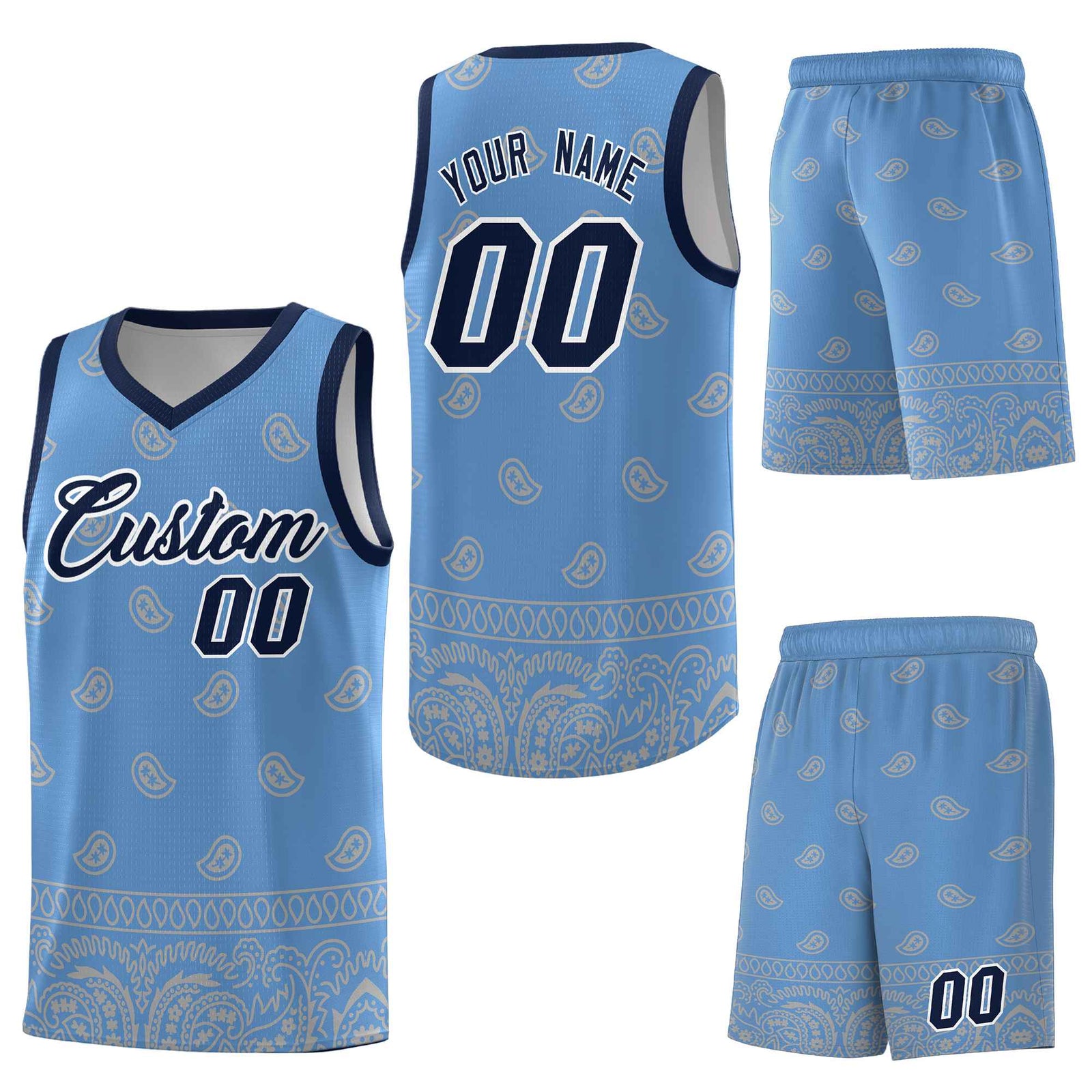 Custom Light Blue Gray Personalized Cashew Pattern Sports Uniform Basketball Jersey