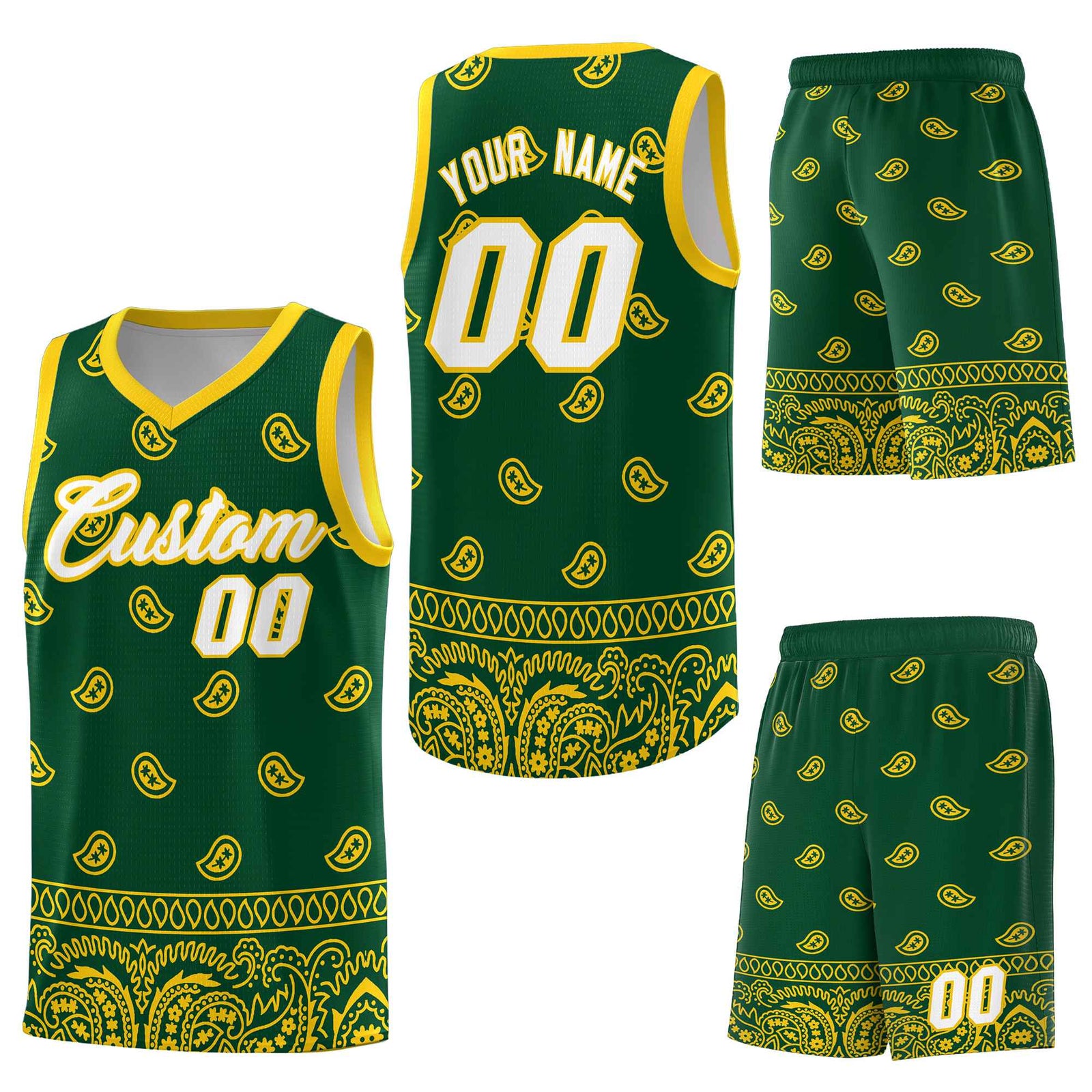 Custom Gold Green Personalized Cashew Pattern Sports Uniform Basketball Jersey