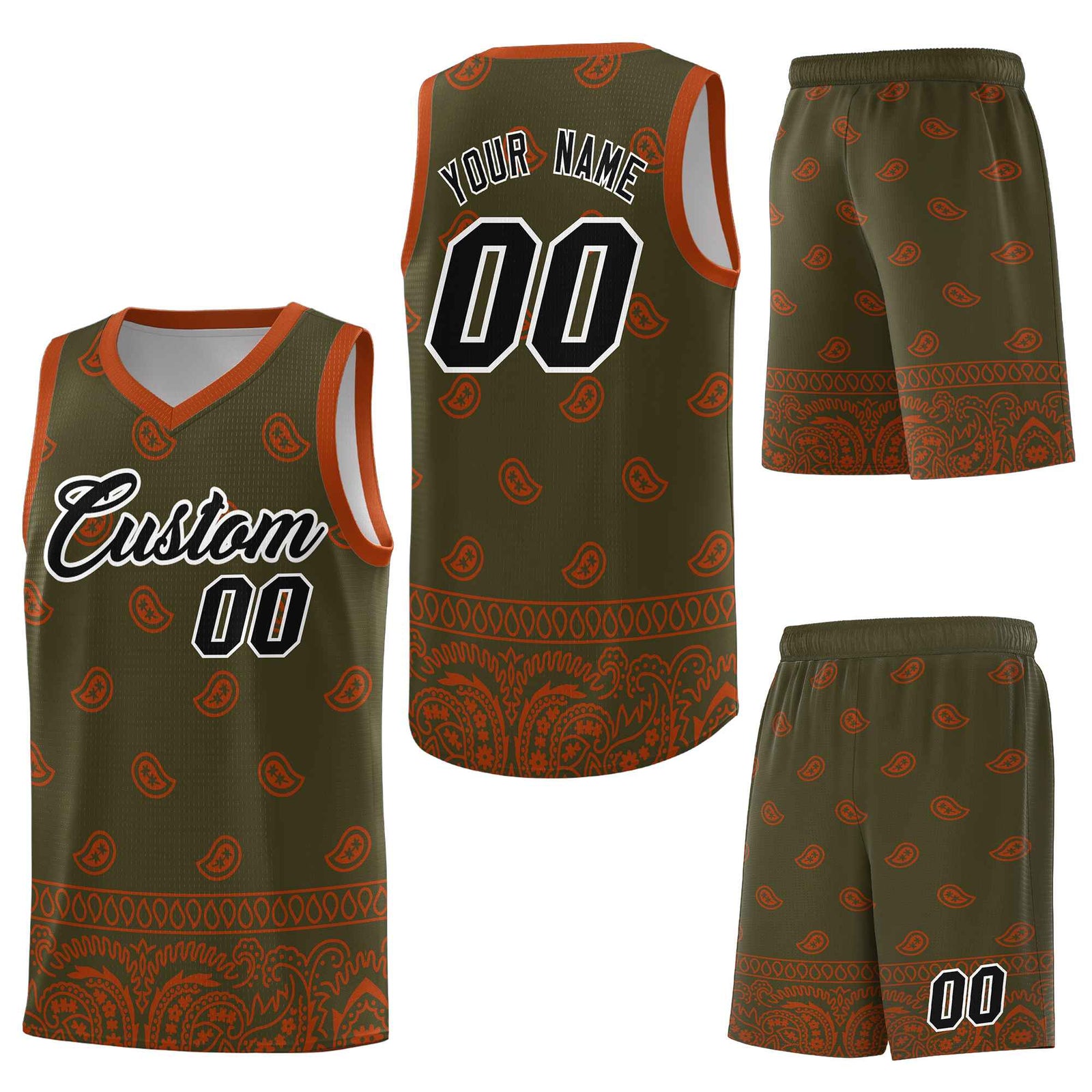 Custom Olive Texas Orange Personalized Cashew Pattern Sports Uniform Basketball Jersey