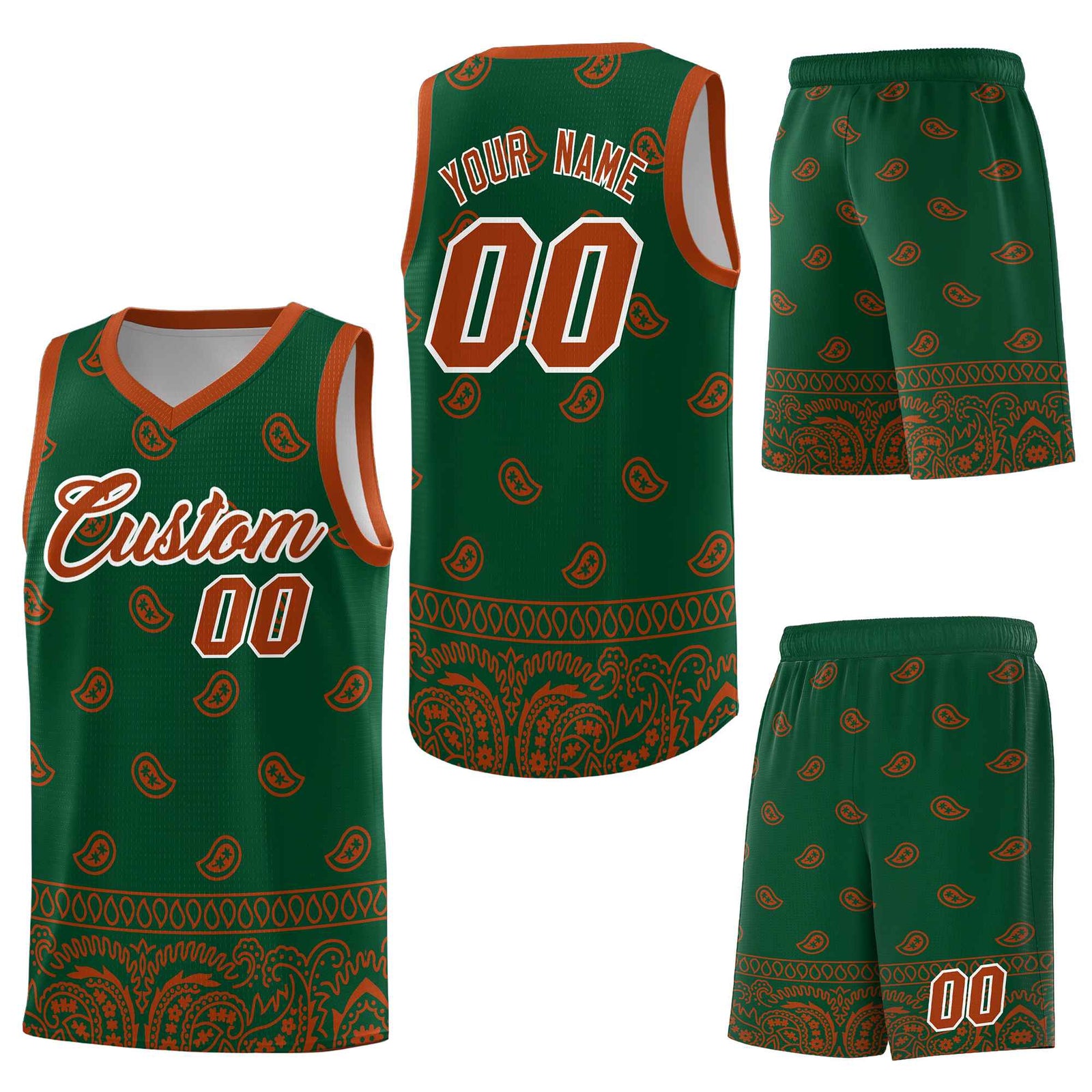 Custom Green Texas Orange Personalized Cashew Pattern Sports Uniform Basketball Jersey