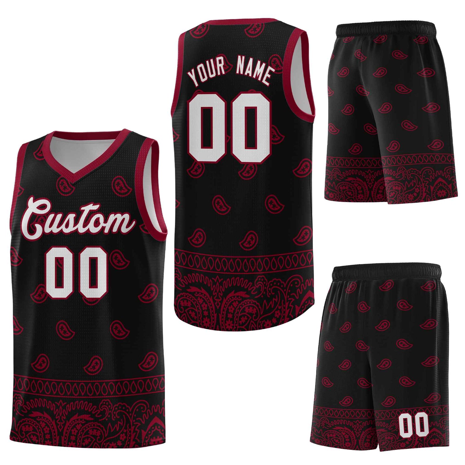 Custom Black Crimson Personalized Cashew Pattern Sports Uniform Basketball Jersey