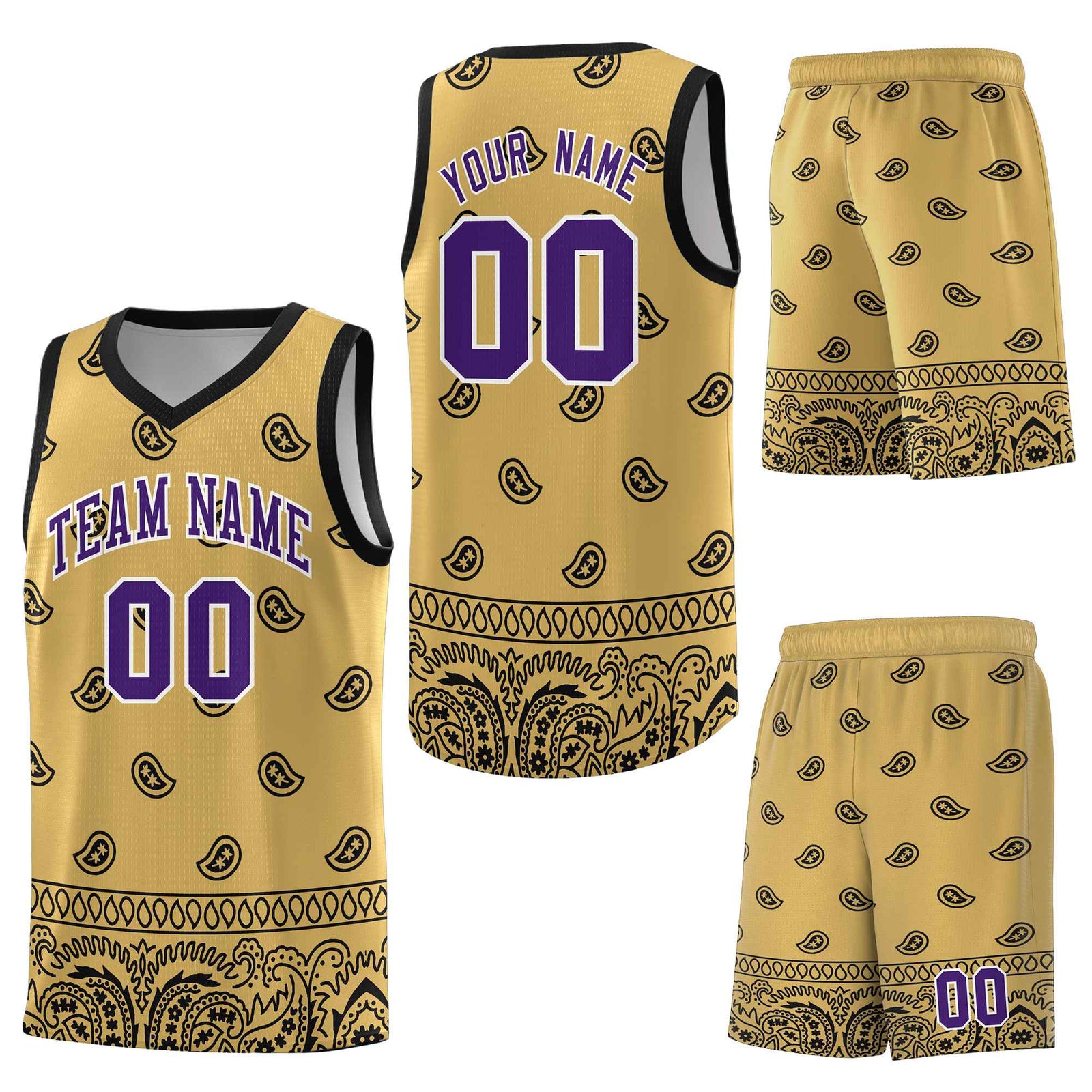 Custom Old Gold Black Personalized Cashew Pattern Sports Uniform Basketball Jersey