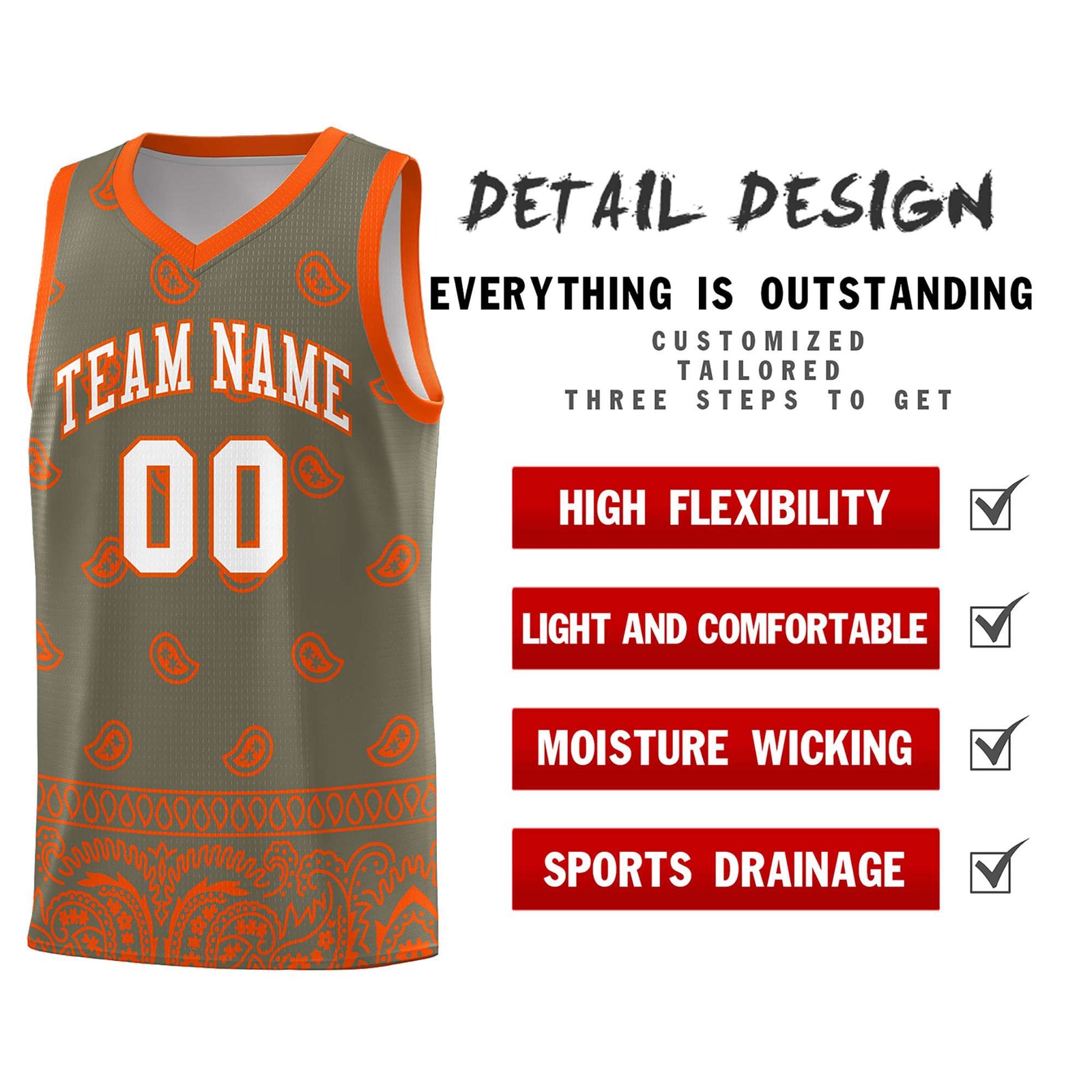 Custom Olive Orange Personalized Cashew Pattern Sports Uniform Basketball Jersey