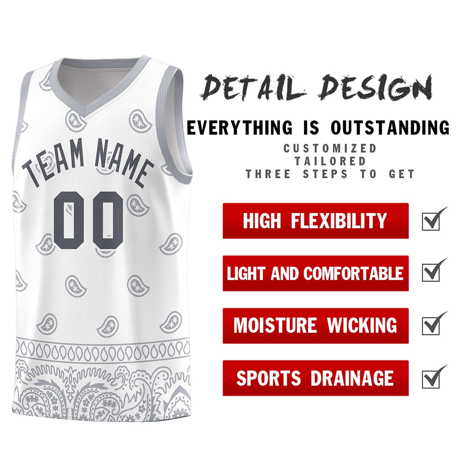 Custom White Gray Personalized Cashew Pattern Sports Uniform Basketball Jersey
