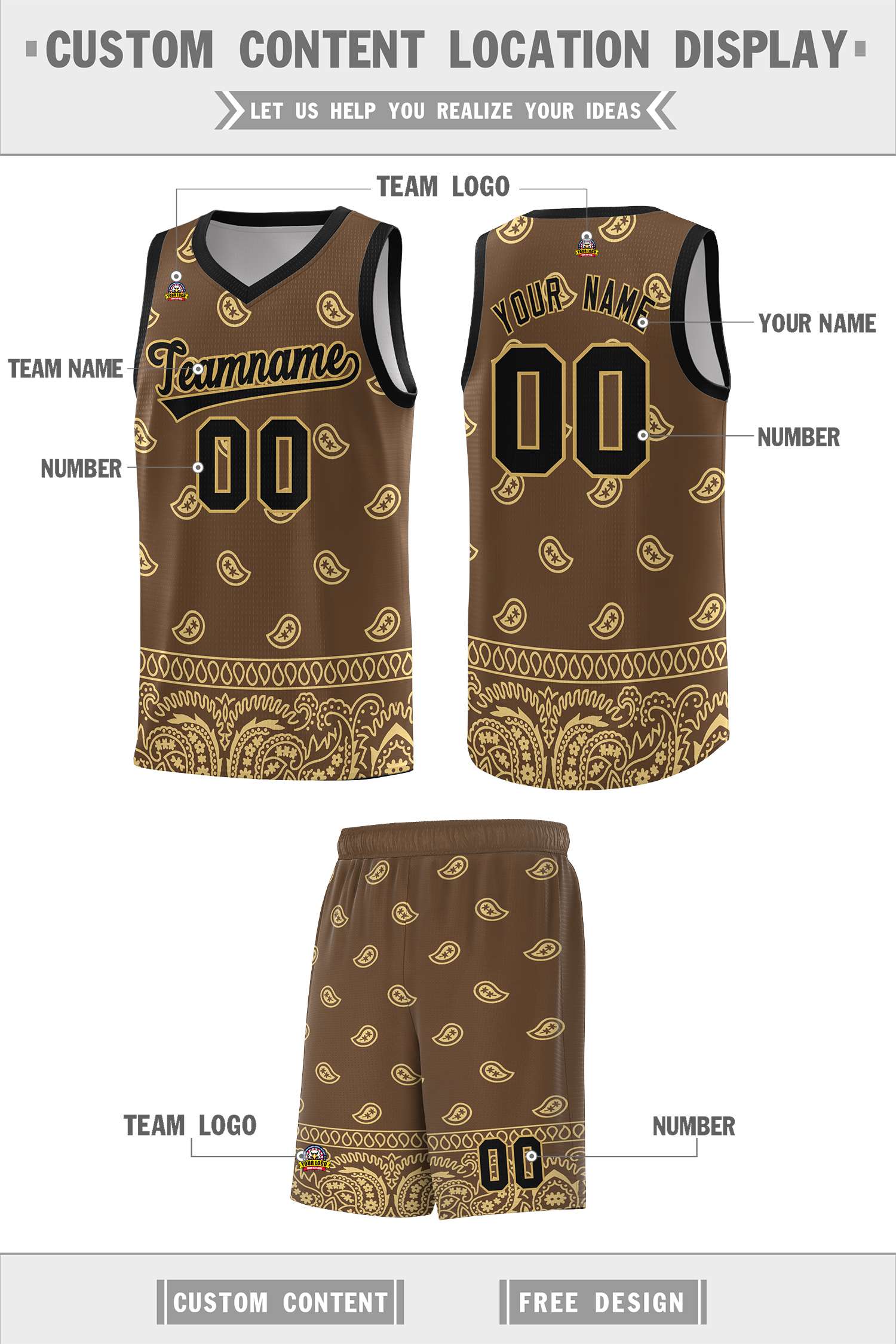 Custom Light Brown Khaki Personalized Cashew Pattern Sports Uniform Basketball Jersey