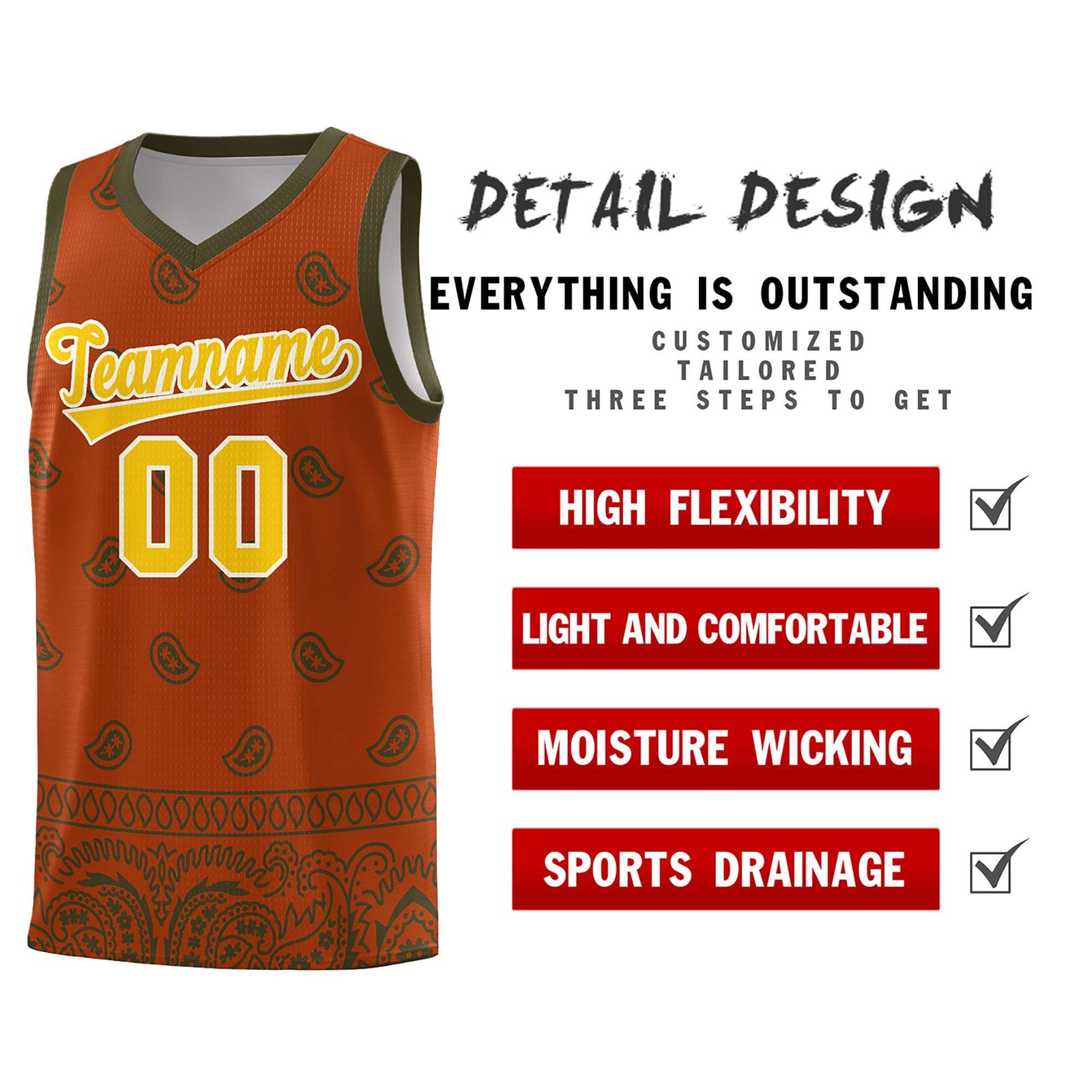 Custom Texas Orange Olive Personalized Cashew Pattern Sports Uniform Basketball Jersey
