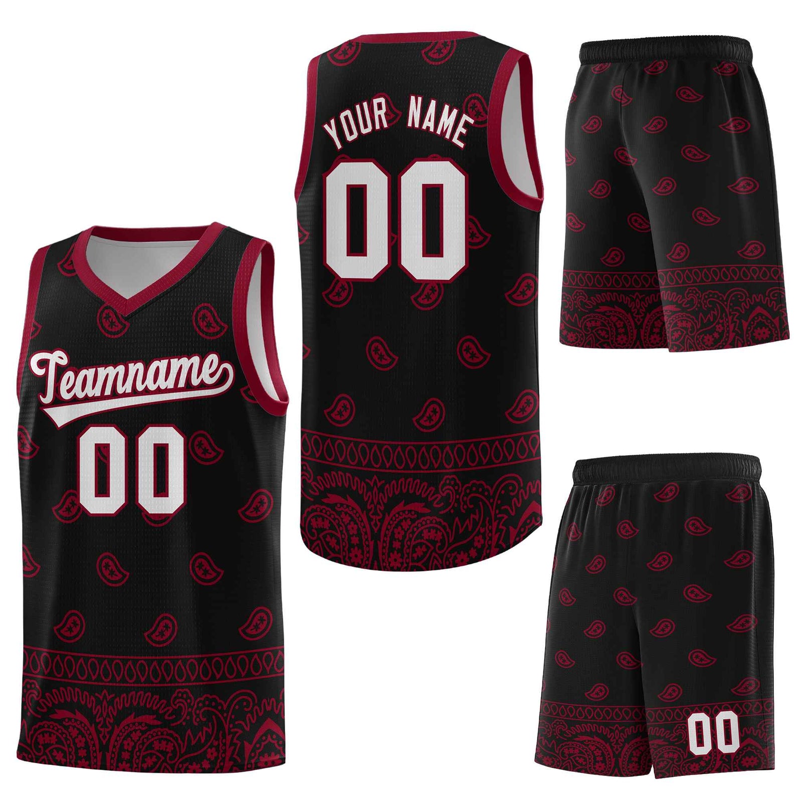 Custom Black Crimson Personalized Cashew Pattern Sports Uniform Basketball Jersey