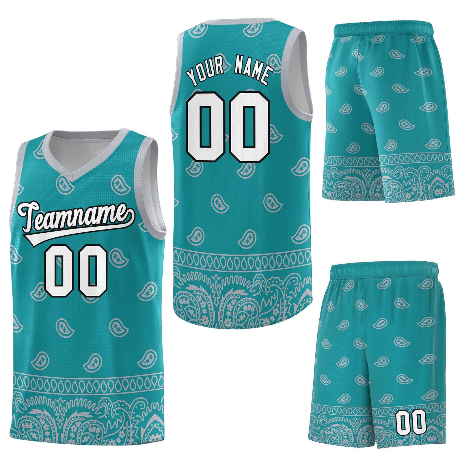 Custom Aqua Gray Personalized Cashew Pattern Sports Uniform Basketball Jersey