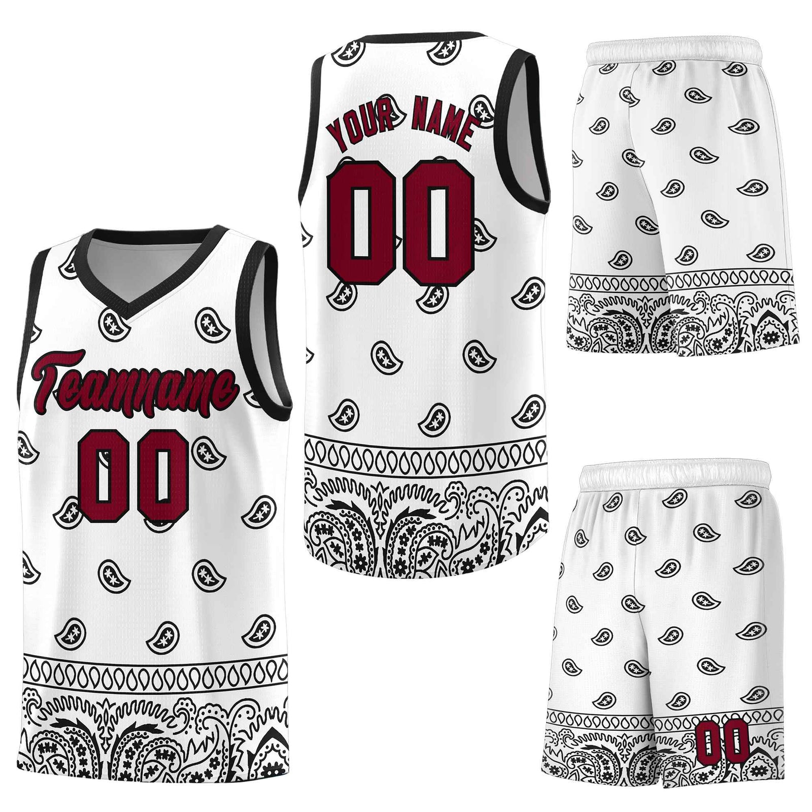 Custom White Black Personalized Cashew Pattern Sports Uniform Basketball Jersey