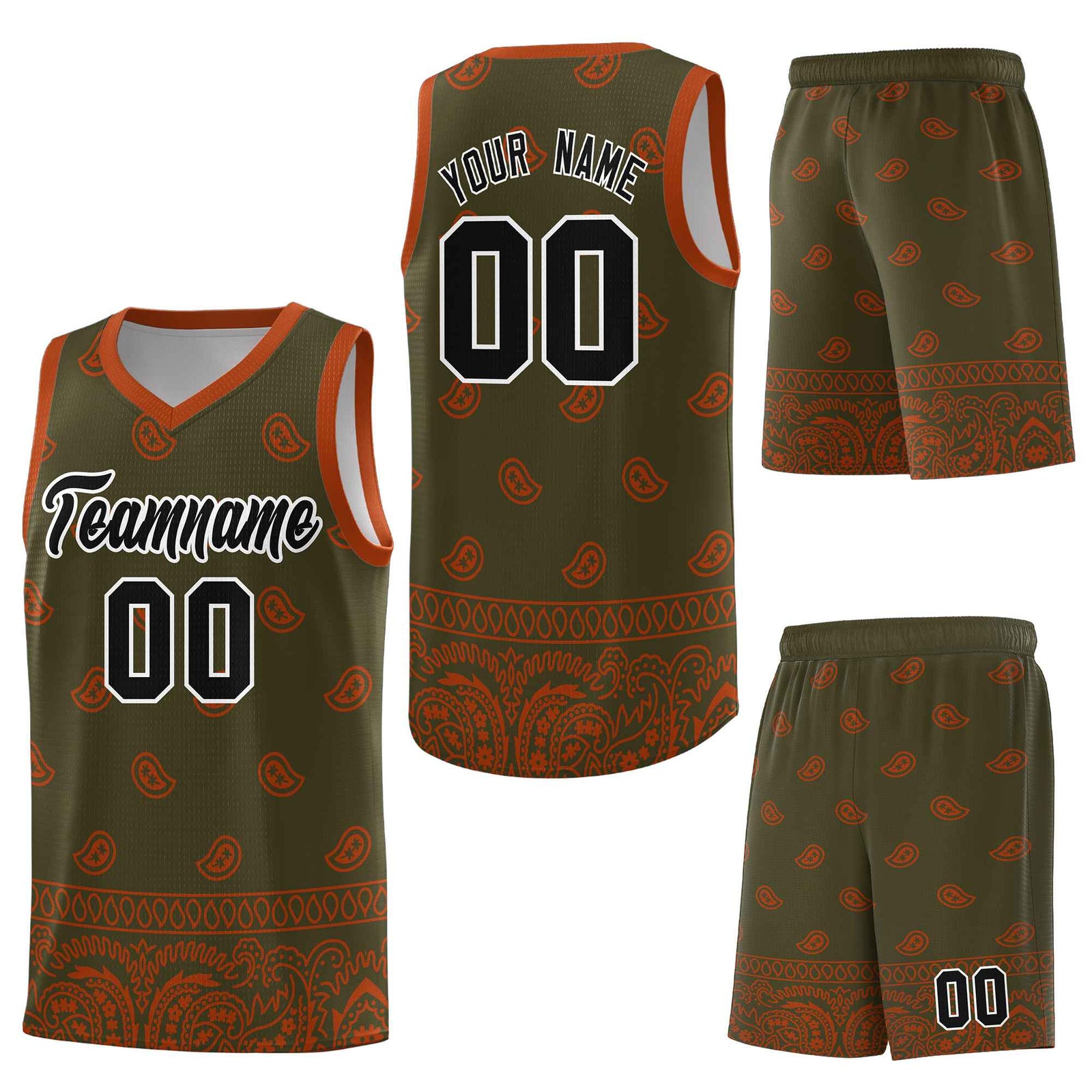 Custom Olive Texas Orange Personalized Cashew Pattern Sports Uniform Basketball Jersey