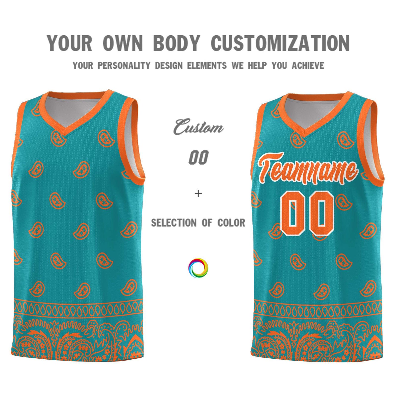 Custom Aqua Orange Personalized Cashew Pattern Sports Uniform Basketball Jersey