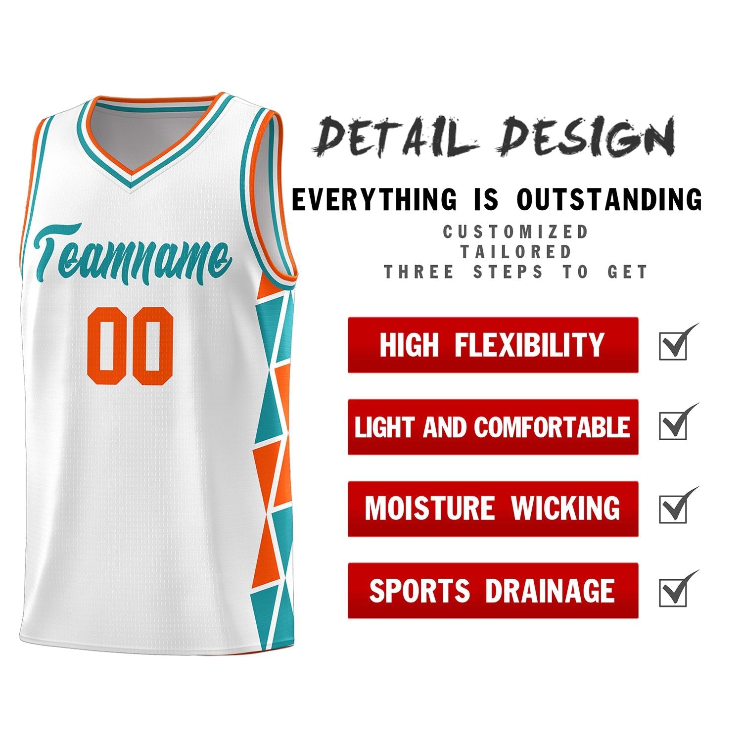 Custom White Orange-Aqua Side Two-Color Triangle Splicing Sports Uniform Basketball Jersey