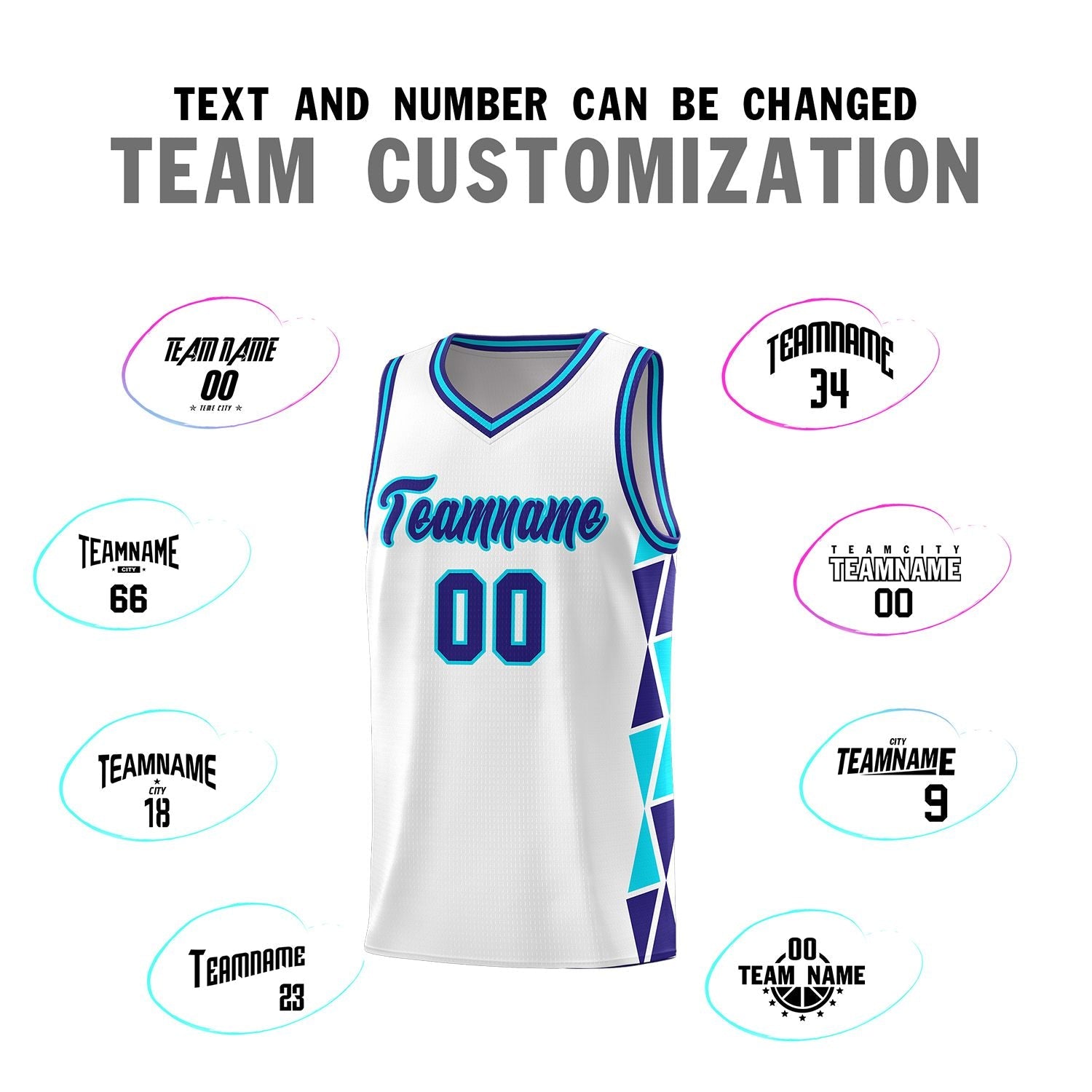 Custom White Violet-Sky Blue Side Two-Color Triangle Splicing Sports Uniform Basketball Jersey