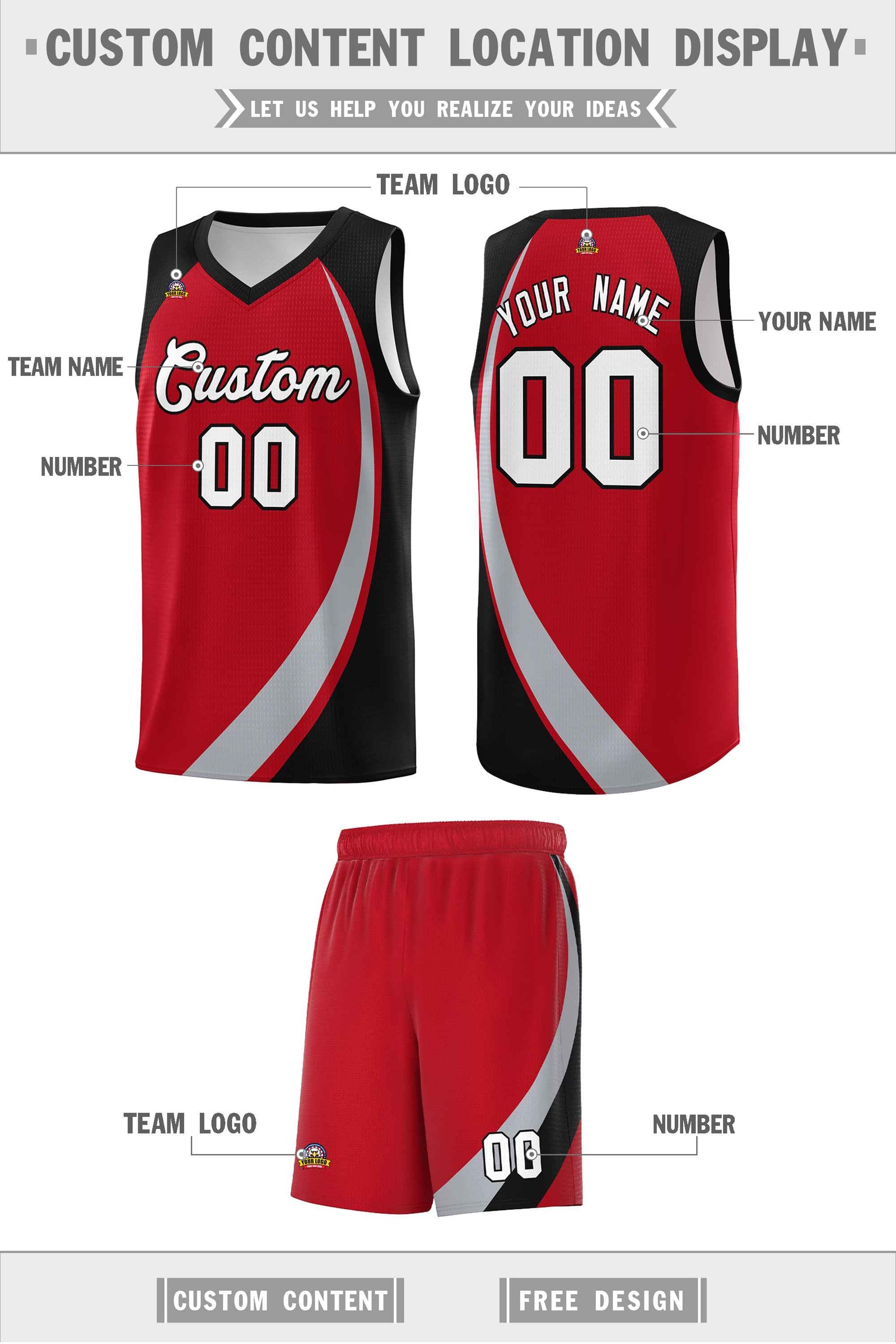 Custom Red Gray-Black Color Block Sports Uniform Basketball Jersey