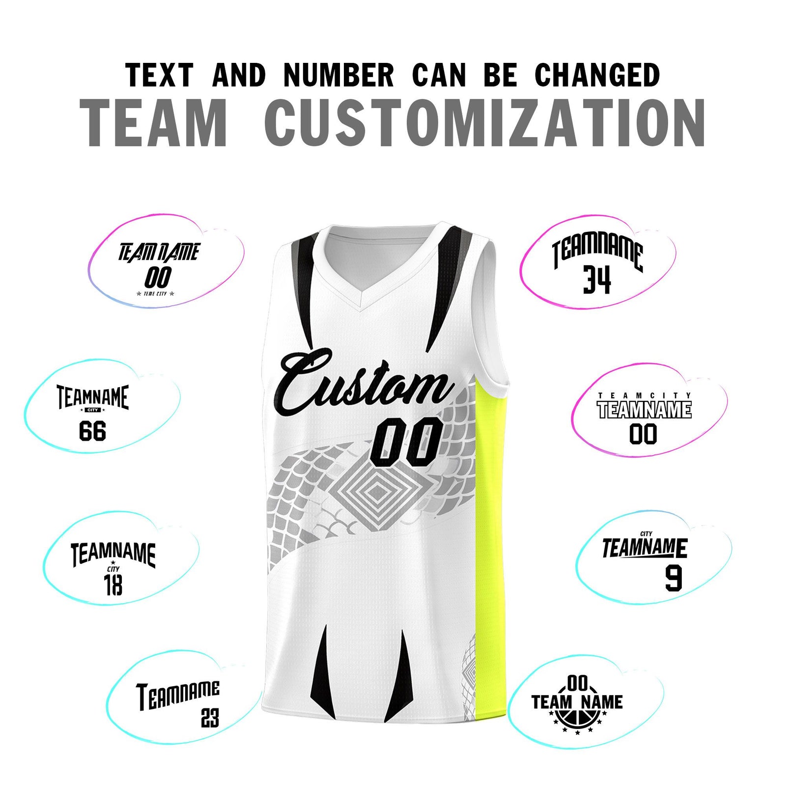 Custom White Neon Green Snake Scale Venomous Fang for Clubs Graffiti Pattern Basketball Suit Jersey