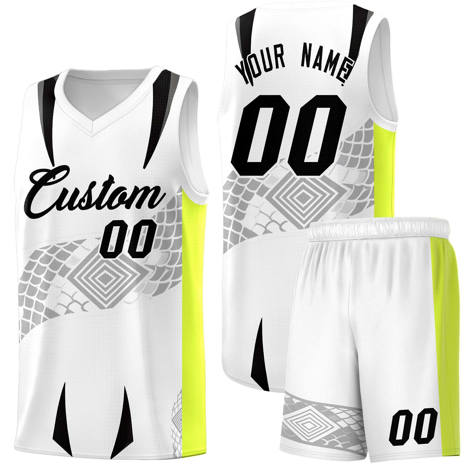 Custom White Neon Green Snake Scale Venomous Fang for Clubs Graffiti Pattern Basketball Suit Jersey