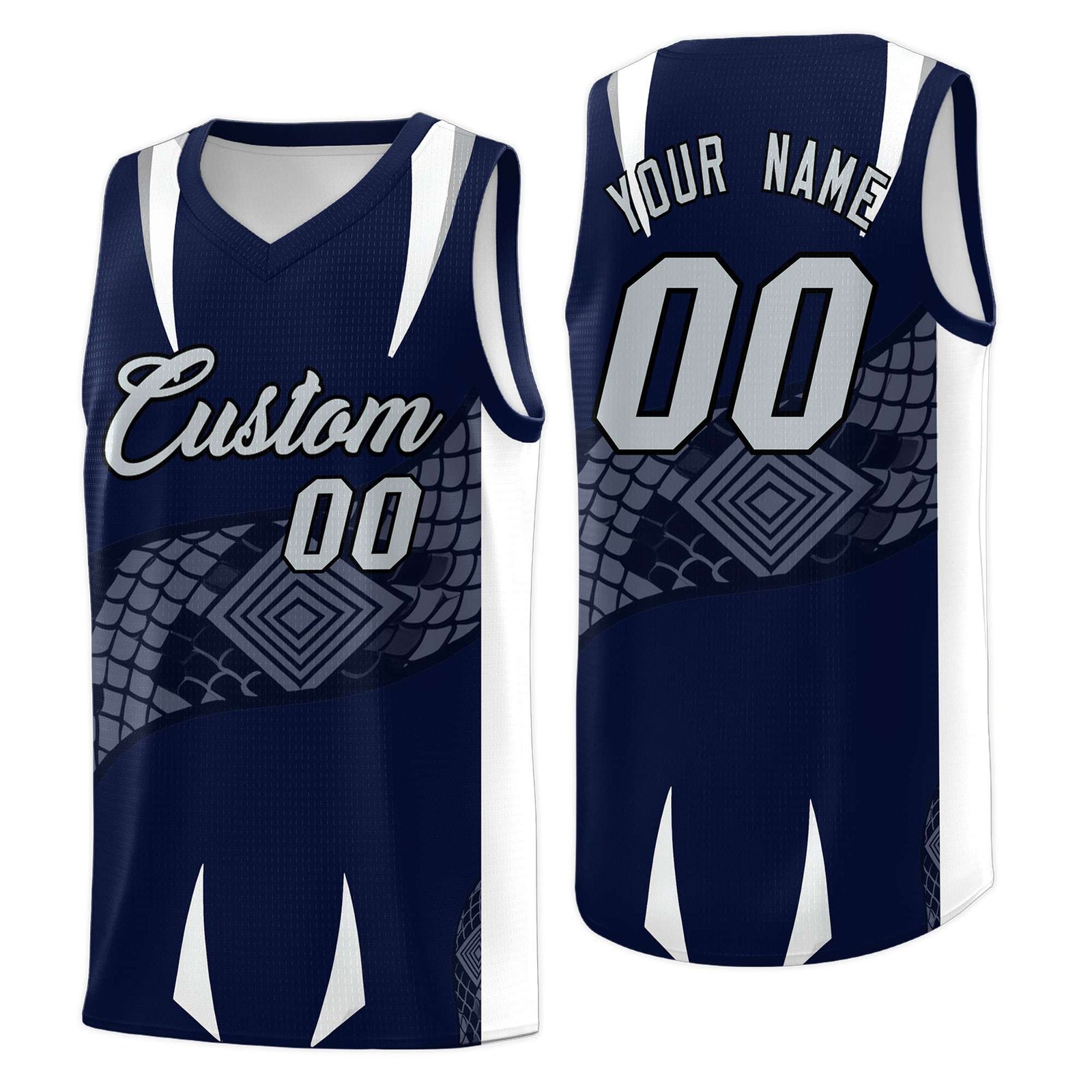 Custom Navy White Snake Scale Venomous Fang Lightweight Graffiti Pattern Basketball Suit Jersey