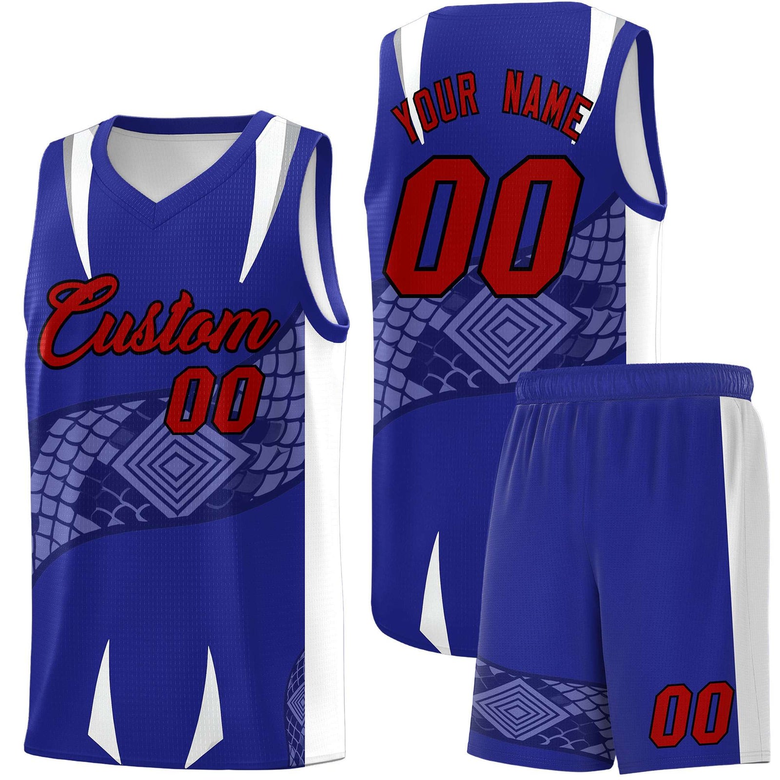 Custom Royal White Snake Scale Venomous Fang Drapable Graffiti Pattern Basketball Suit Jersey