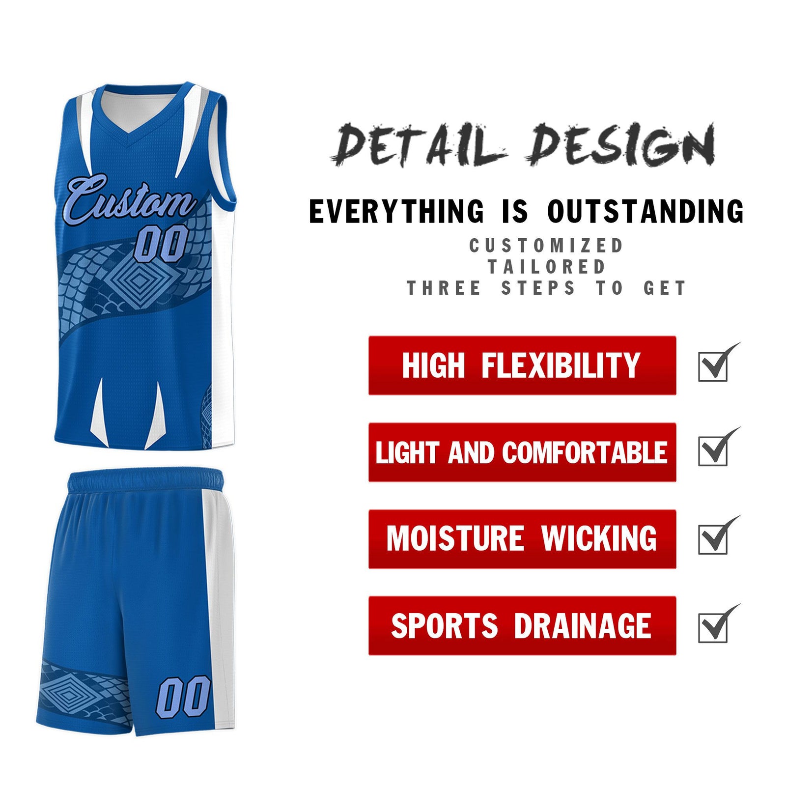 Custom Royal White Snake Scale Venomous Fang Breathable Graffiti Pattern Basketball Suit Jersey