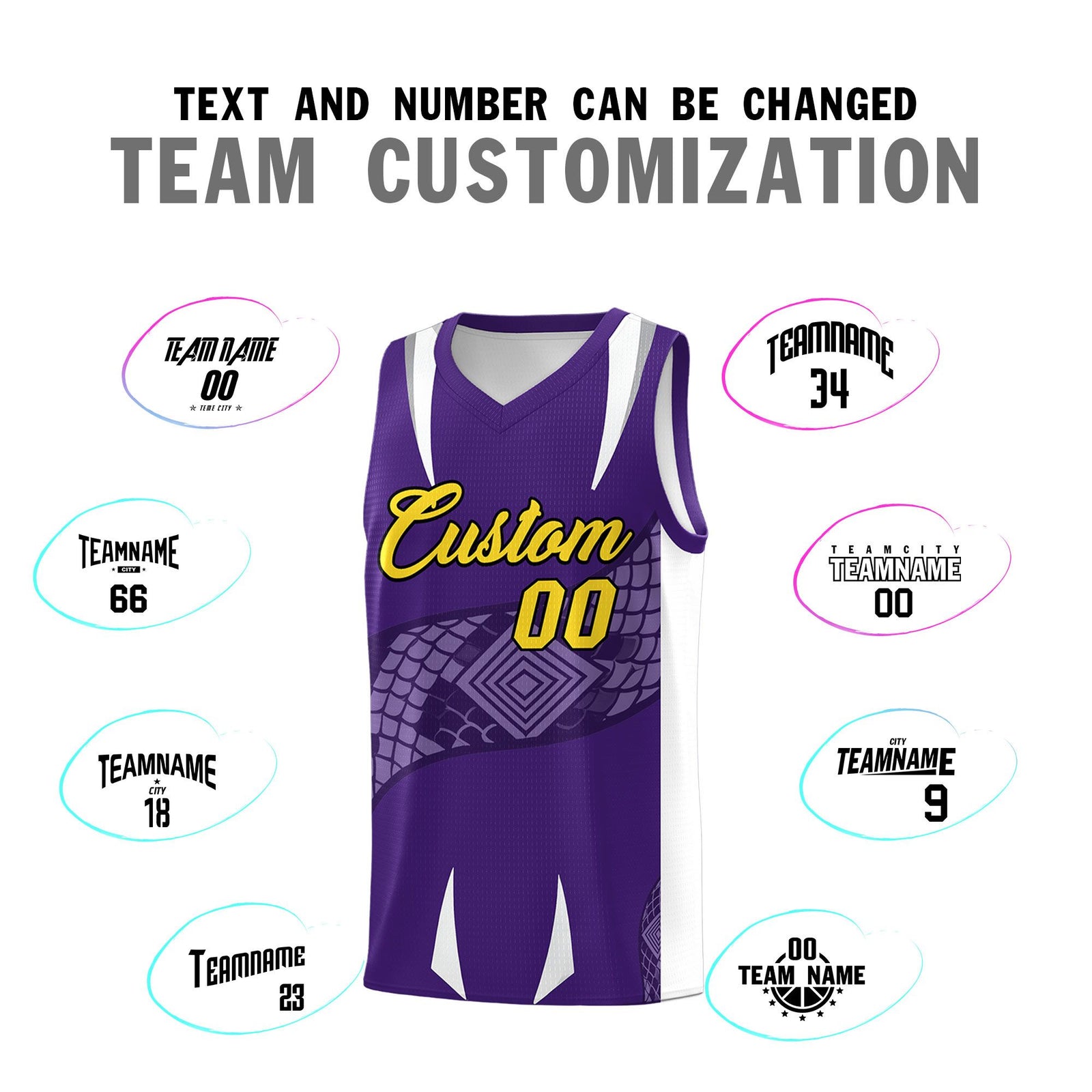 Custom Purple White Snake Scale Venomous Fang Drapable Graffiti Pattern Basketball Suit Jersey