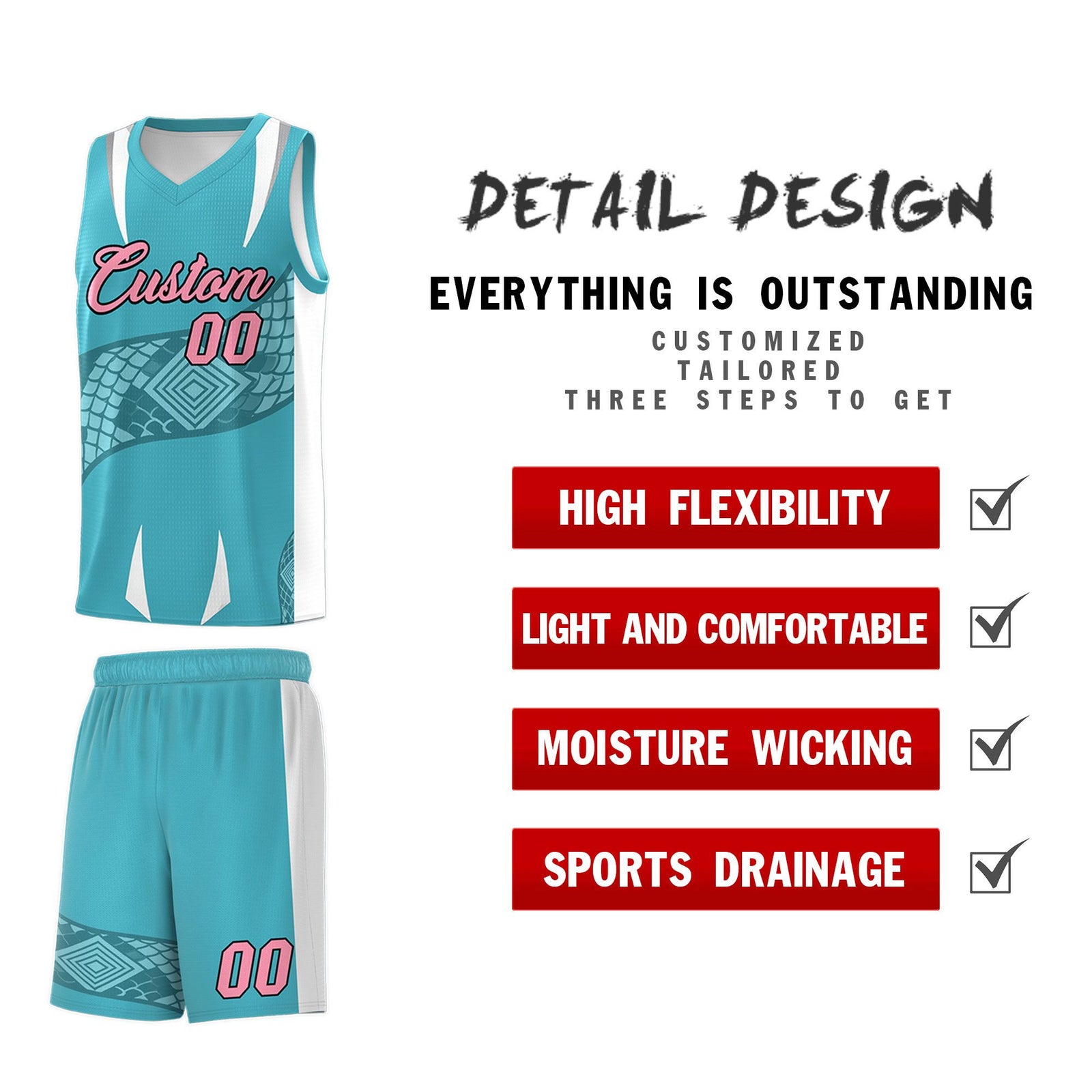 Custom Sky Blue White Snake Scale Venomous Fang Drapable Graffiti Pattern Basketball Suit Jersey