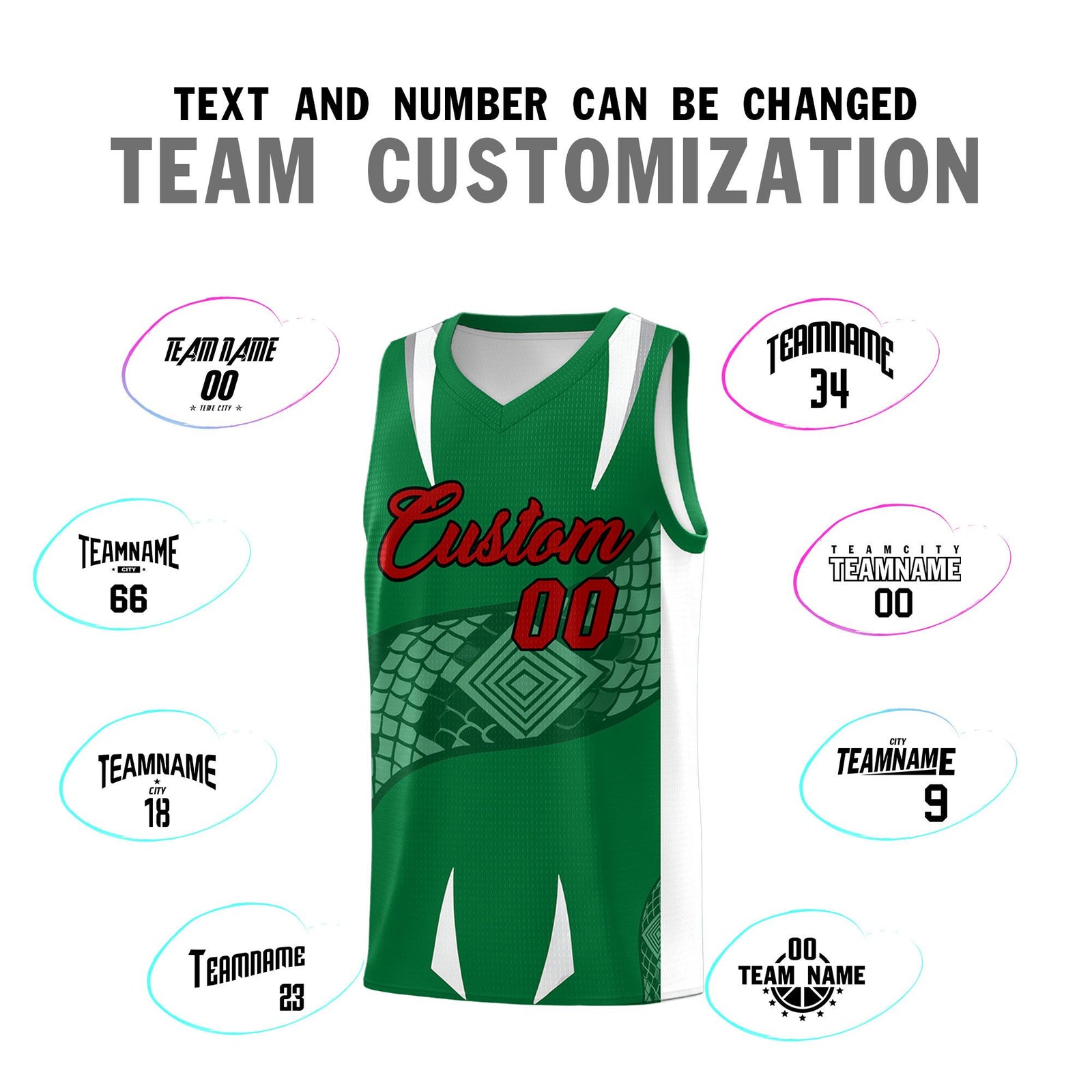 Custom Kelly Green White Snake Scale Venomous Fang Breathable Graffiti Pattern Basketball Suit Jersey