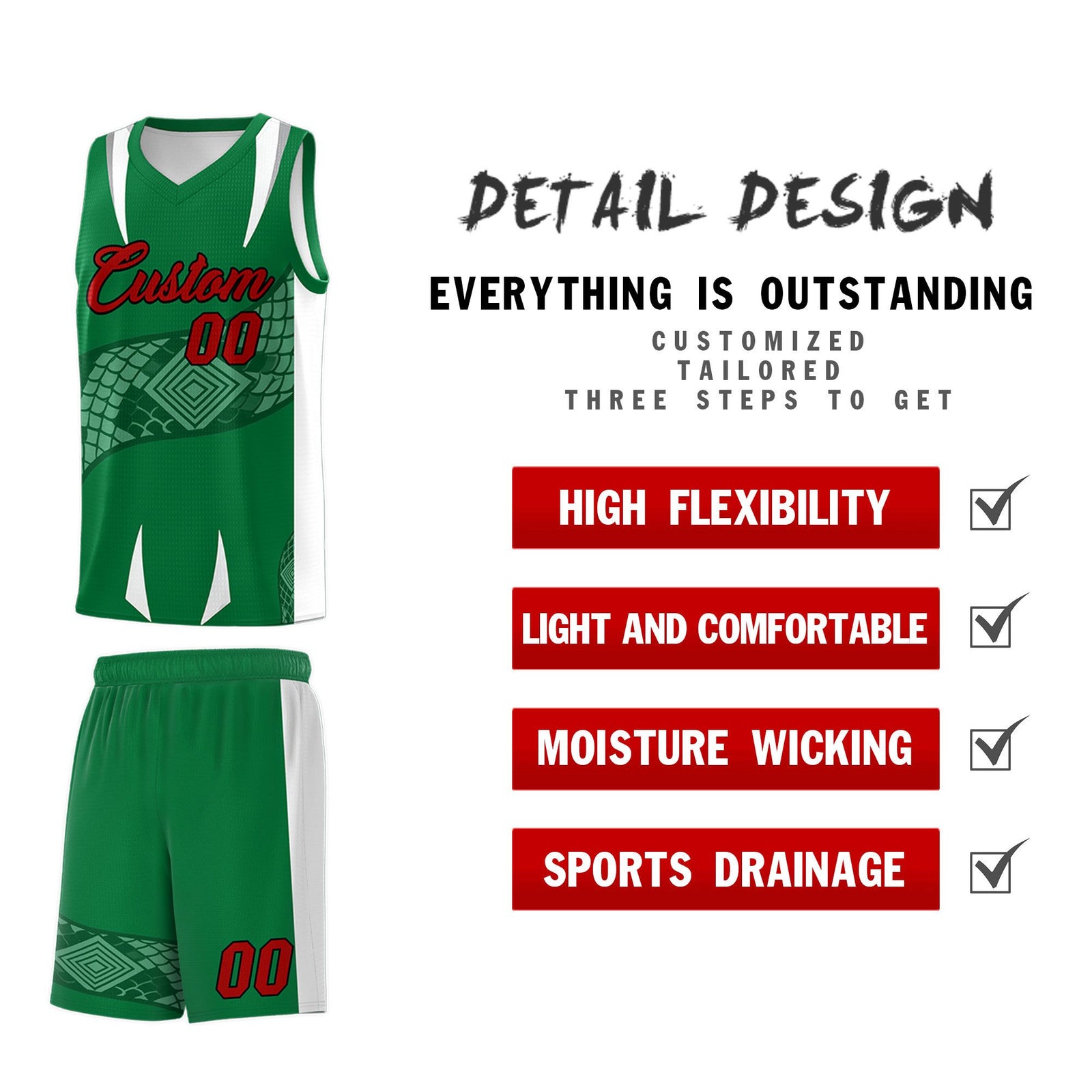 Custom Kelly Green White Snake Scale Venomous Fang Breathable Graffiti Pattern Basketball Suit Jersey