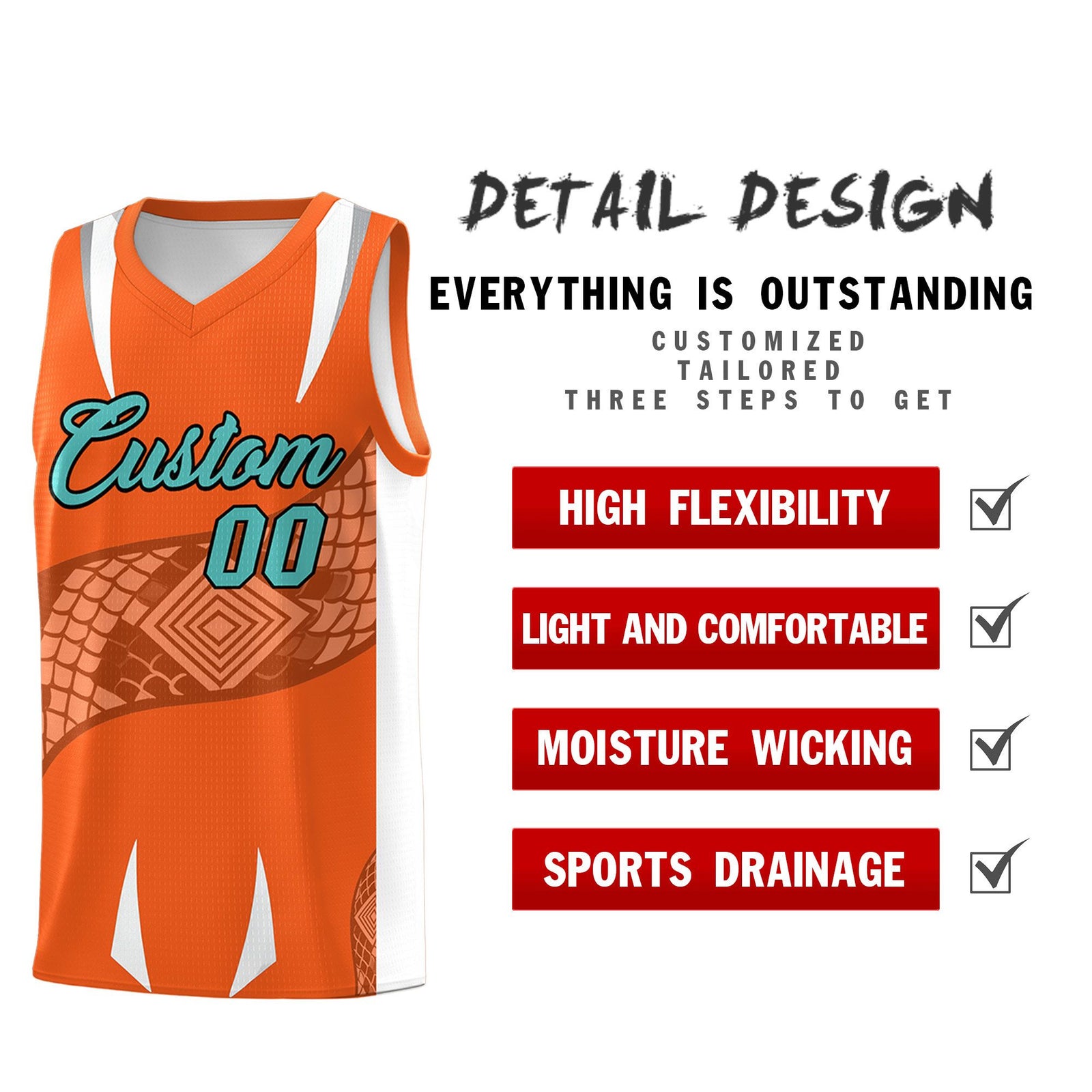 Custom Orange White Snake Scale Venomous Fang Lightweight Graffiti Pattern Basketball Suit Jersey
