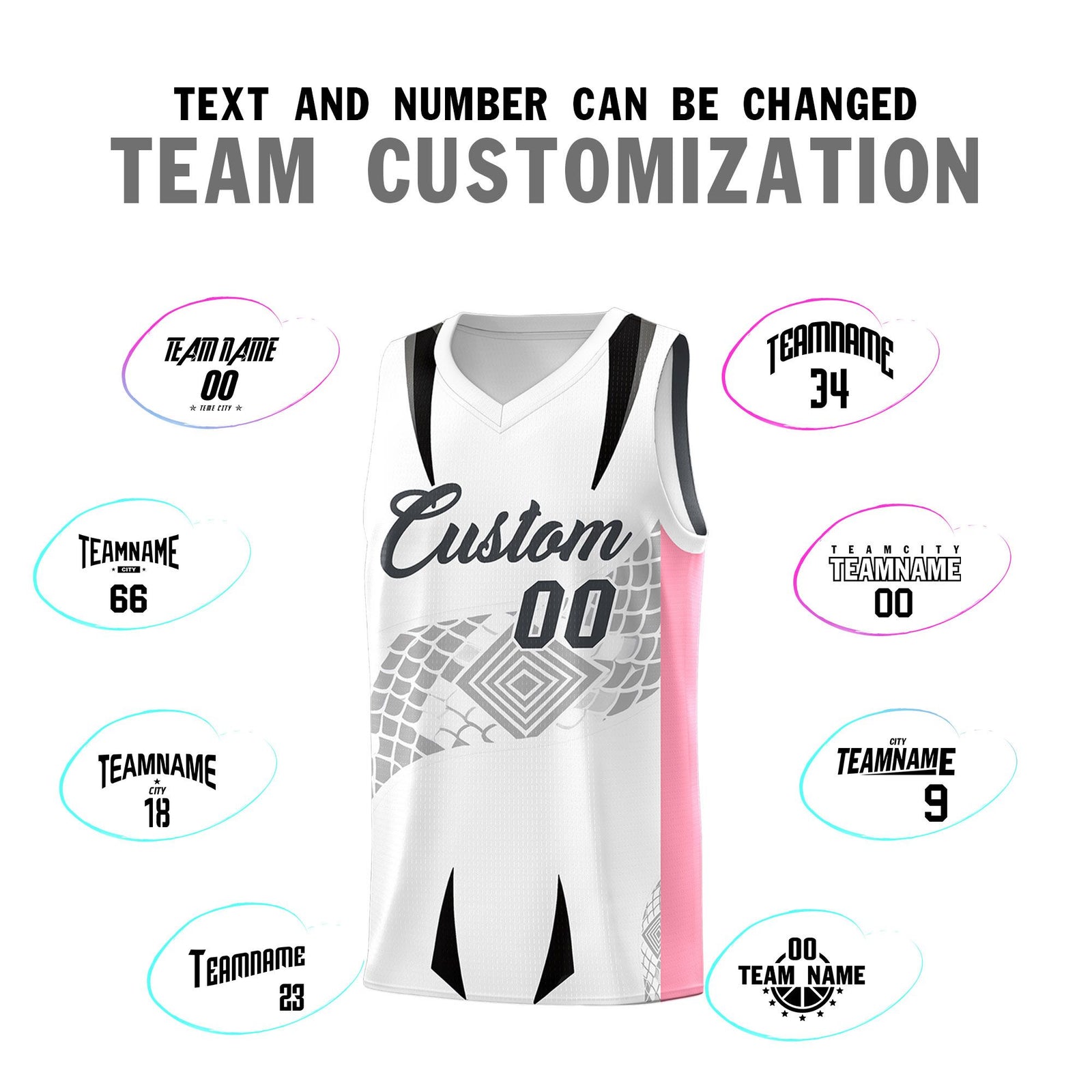 Custom White Light Pink Snake Scale Venomous Fang for Leagues Graffiti Pattern Basketball Suit Jersey